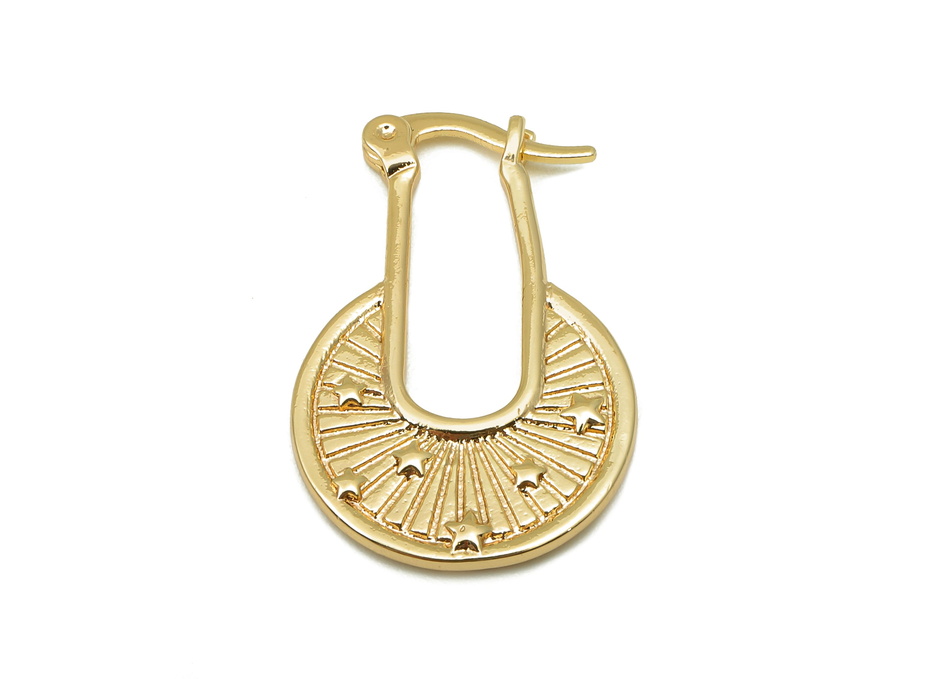 Brass Star Round Earring Clasp - Round Clasps Earring With Loop - Textured Circle Clasps - 18K Real Gold Plating - 26.5x17.4x2mm - RGP5768 - DOMEDBAZAAR
