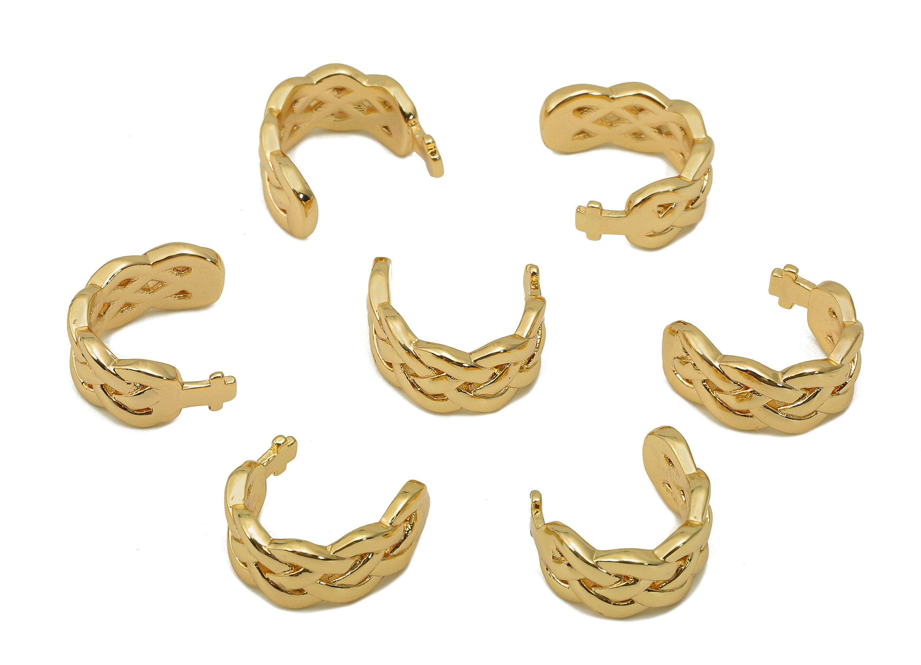 Brass Kniting Mini Open Round C Ring - Earring Cuff With Loop - Braided Hoop Ear Clip -18K Real Gold Plating Cuff Ear-12.8x6.1x1.5mm-RGP5553 - DOMEDBAZAAR