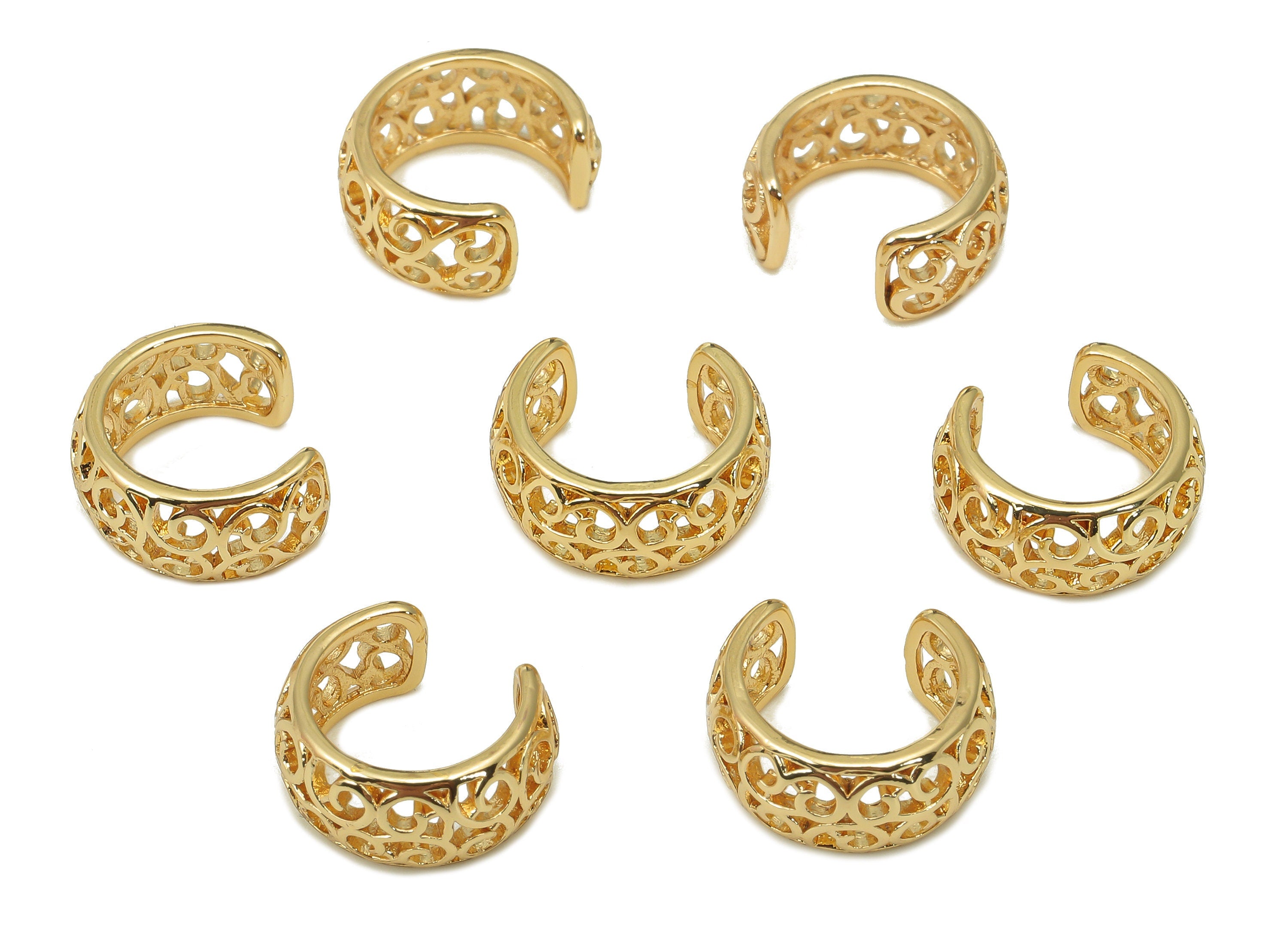 Brass Flower Open Round C Ring - Wide Flower Ear Clip - Wide Hoop Ear Cuff - 18K Real Gold Plating Earring Cuff - 11.2x5.6x1.1mm - RGP5555 - DOMEDBAZAAR
