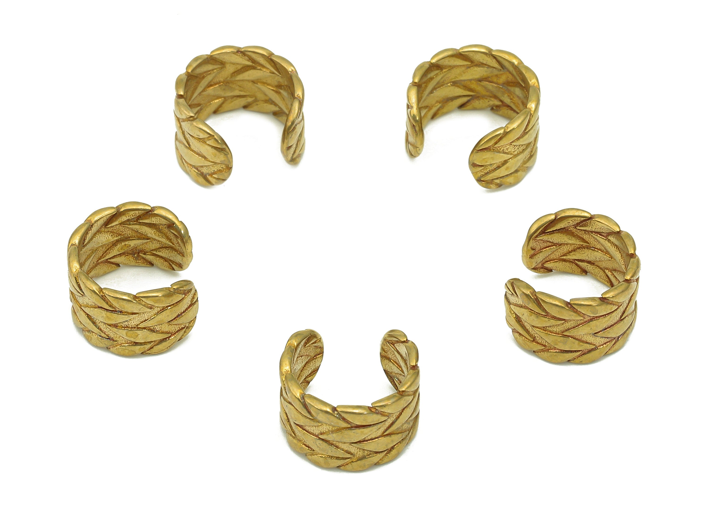 Brass Leaf Open Round C Ring - Raw Brass Huggie Hoop Earring Clip - Leaves Textured Cuff Ear - Wide Earring Cuff - 11.3x10.75x1.1mm - PP8134 - DOMEDBAZAAR
