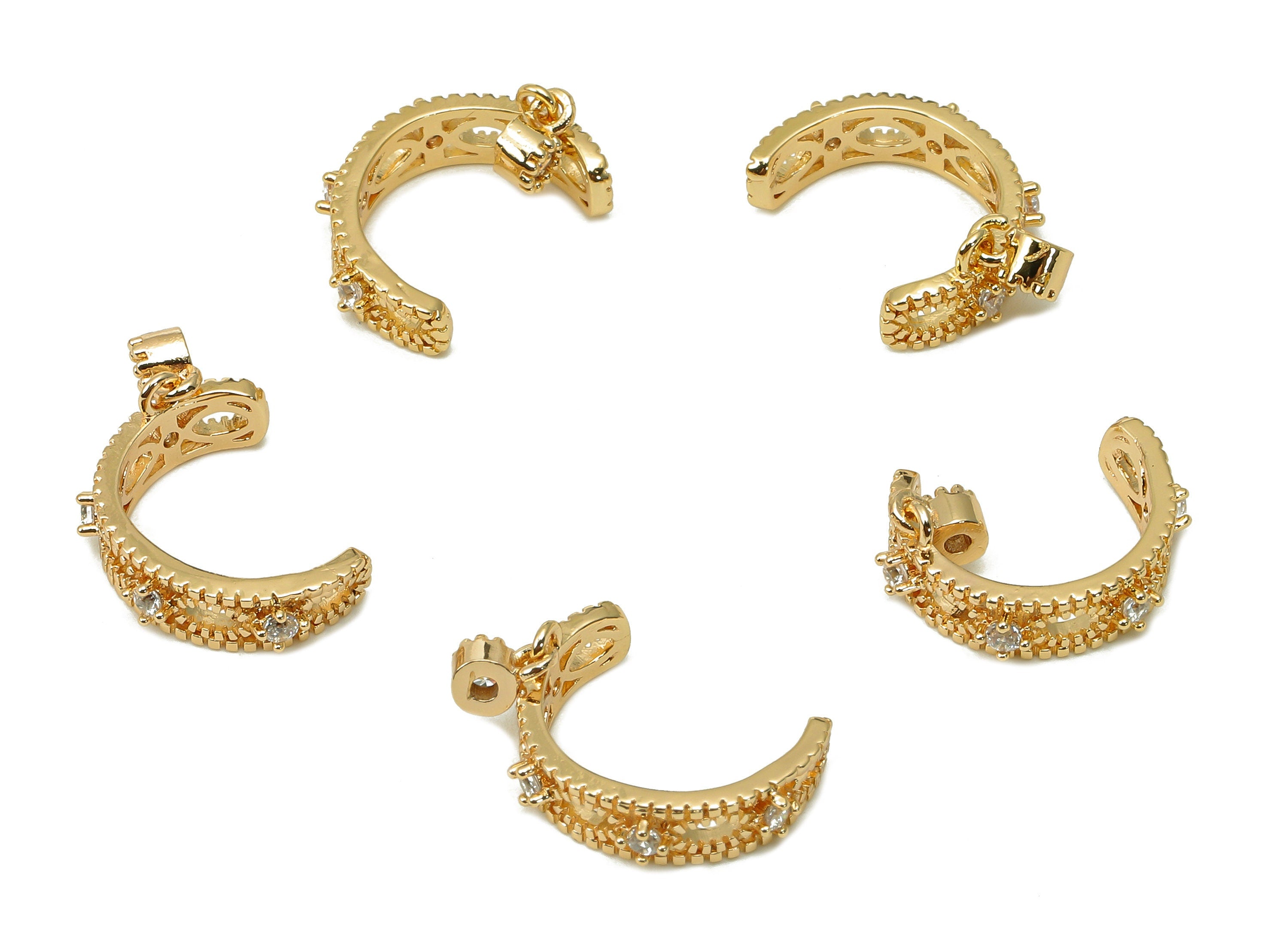 Brass Marquise Open Round Ring - C Earring Charm With Zircon - Hollow Hoop Ear Clip - 18K Real Gold Plating Charm - 14.9x7x2mm - RGP5543 - DOMEDBAZAAR