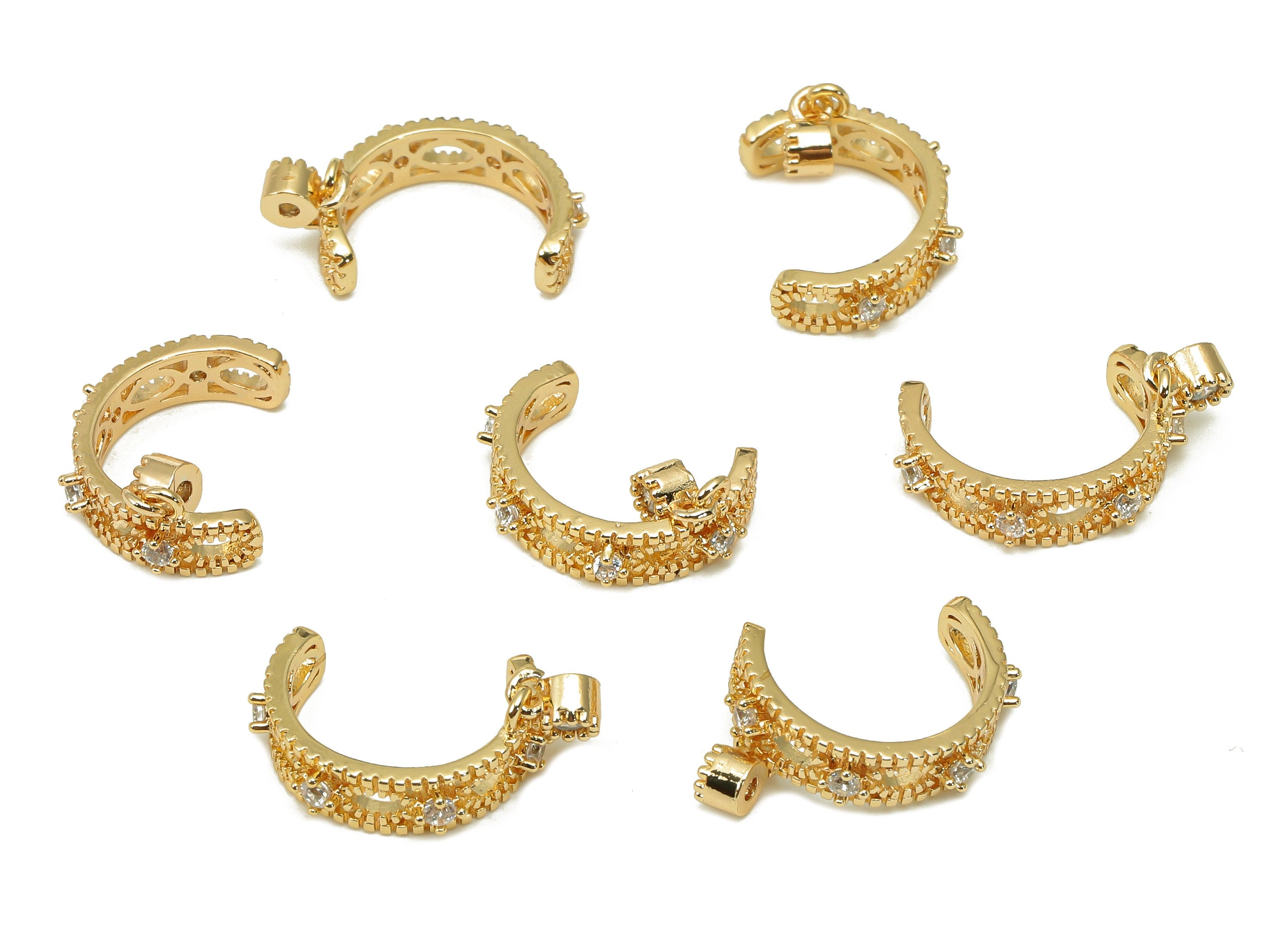 Brass Marquise Open Round Ring - C Earring Charm With Zircon - Hollow Hoop Ear Clip - 18K Real Gold Plating Charm - 14.9x7x2mm - RGP5544 - DOMEDBAZAAR