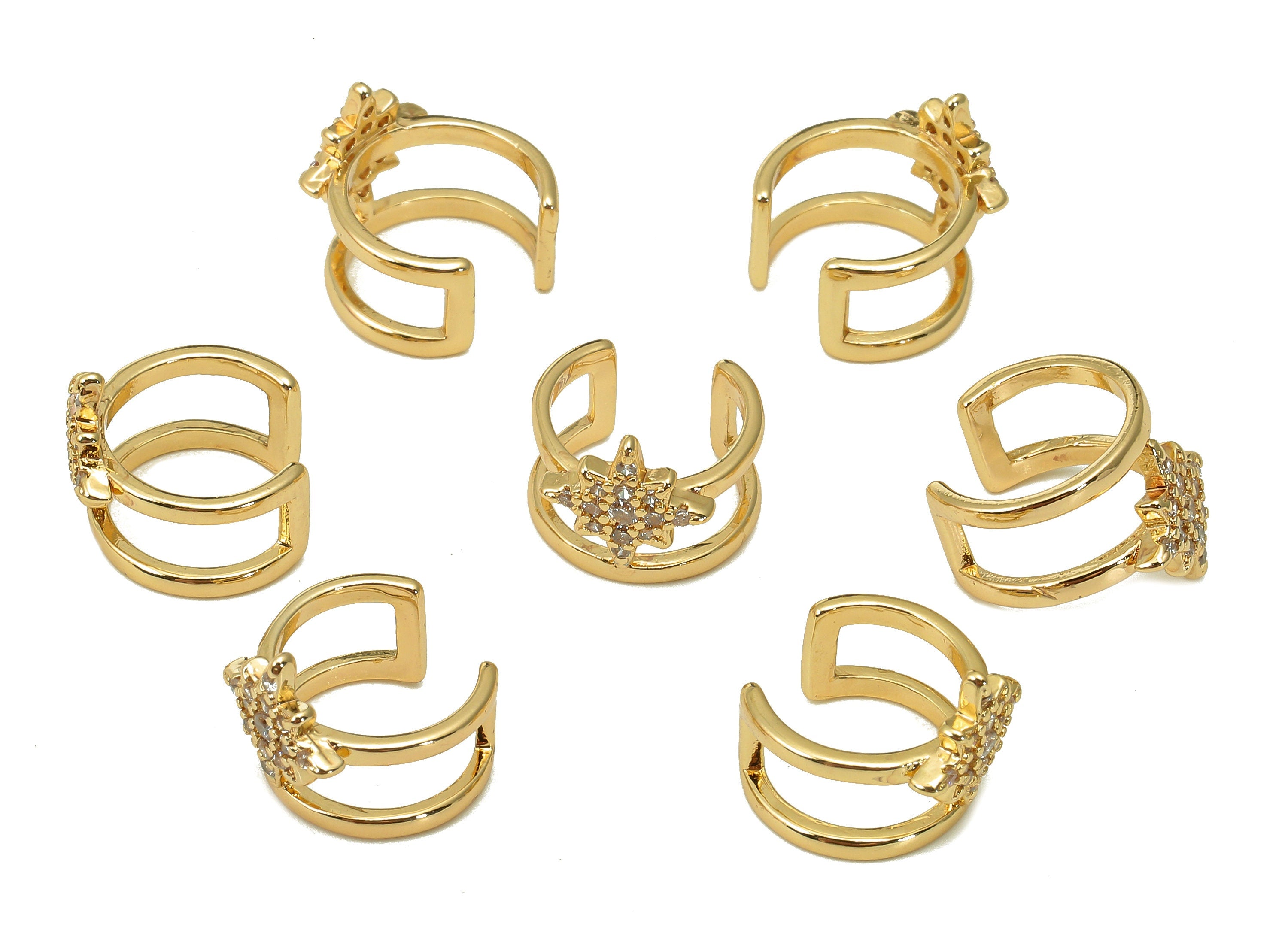 Brass Star Open Round Ring - C Earring Cuff With Zircon - Rectangle Hoop Ear Clip - 18K Real Gold Plating Cuff Ear - 11.9x6.4x1.2mm -RGP5545 - DOMEDBAZAAR