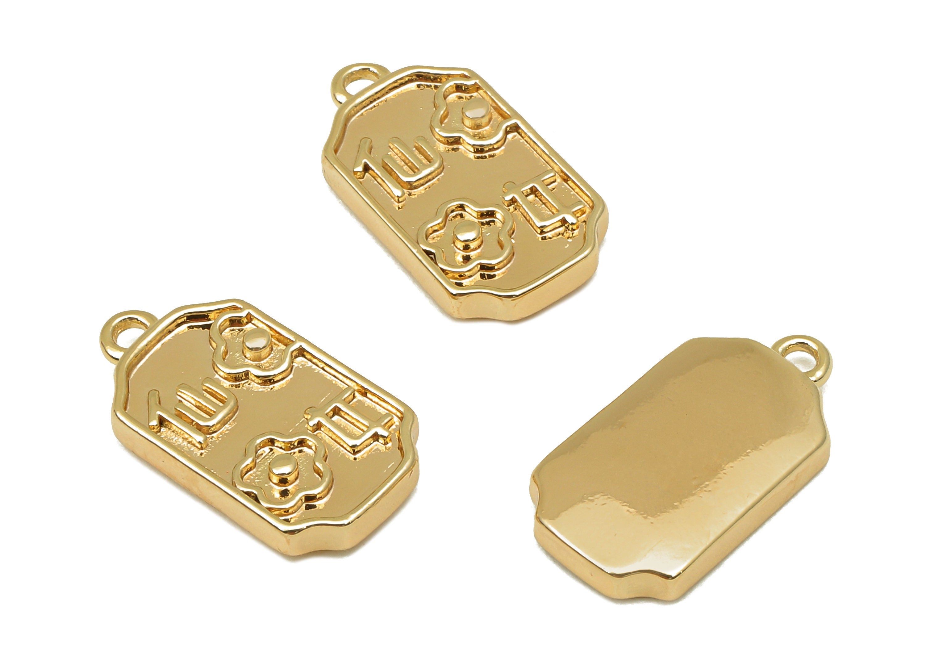 Brass Rectangle Flower Earring Charm - Gold Word Thick Necklace Charm - Pendant With Loop - 18K Real Gold Plating - 16.9x9x2.7mm - RGP5775 - DOMEDBAZAAR