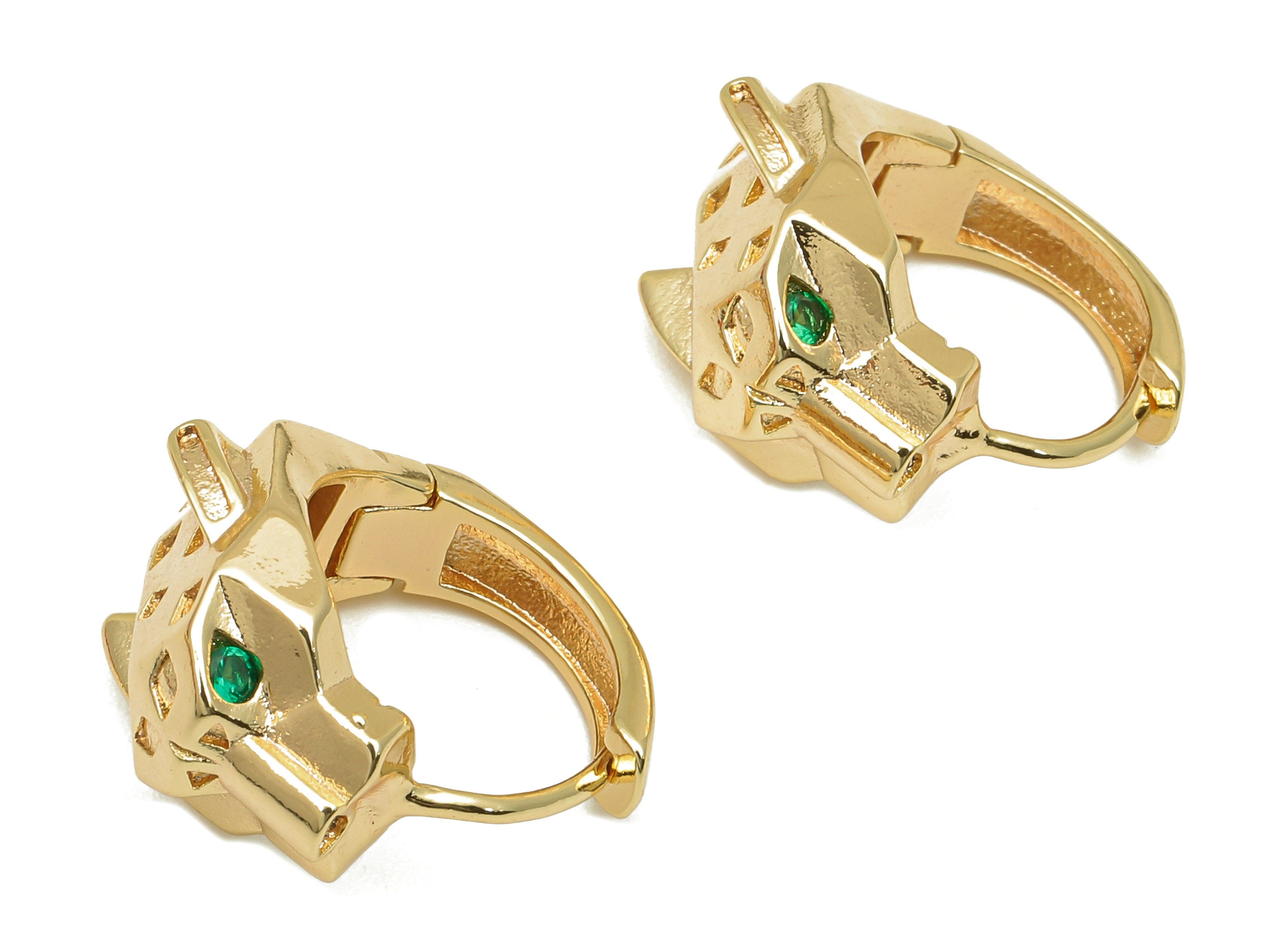 Brass Leopard Head Earring Clasp - Round Hoop Clasp With Zircon - Wide Huggie Hoop Earrings - 18K Real Gold Plating -18.3x16.9x1.9mm-RGP5787 - DOMEDBAZAAR