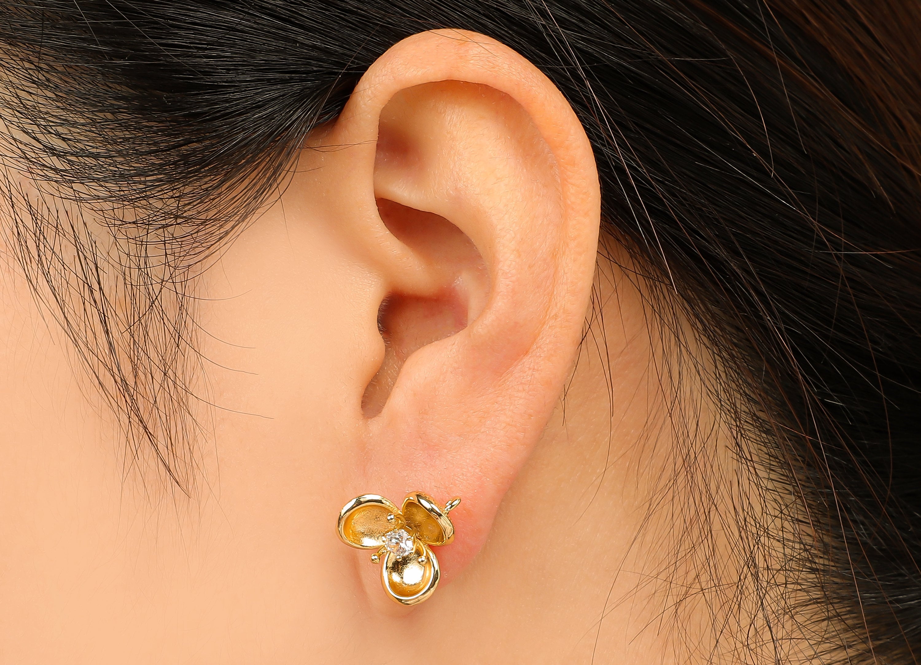 Brass Flower Earring Post With Zircon - Gold Stud Earring With Loop - 18K Real Gold Plating - 925 Silver Stud - 15.4x14.5x2.1mm - RGP5788 - DOMEDBAZAAR