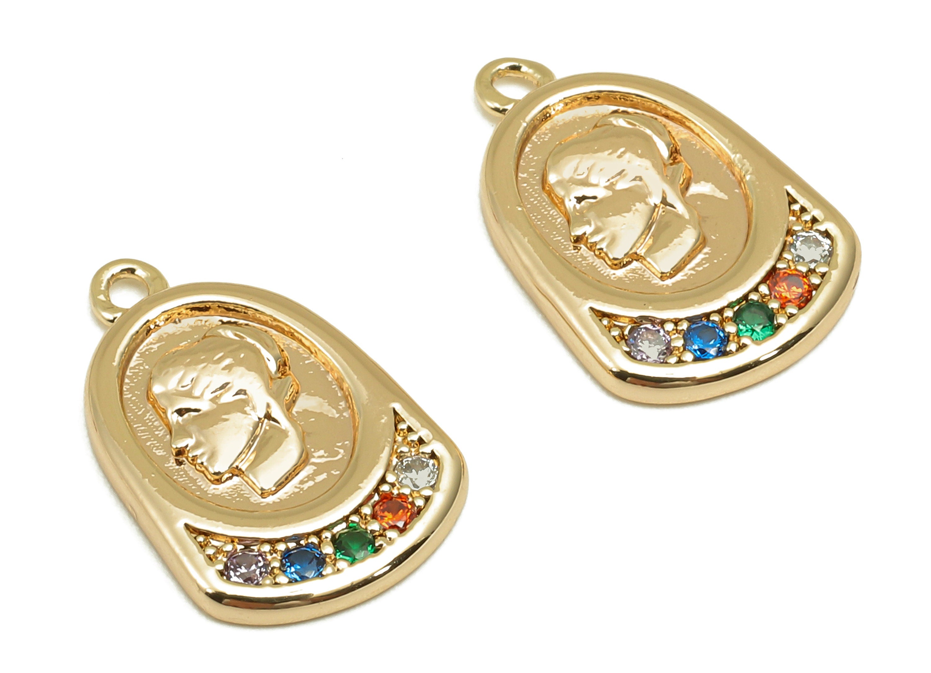 Brass Relief Portrait Oval Earring - Rainbow Zircon Girl Textured Charm - Pendant With Loop - 18K Real Gold Plating - 17.2x11x1.9mm -RGP5789 - DOMEDBAZAAR