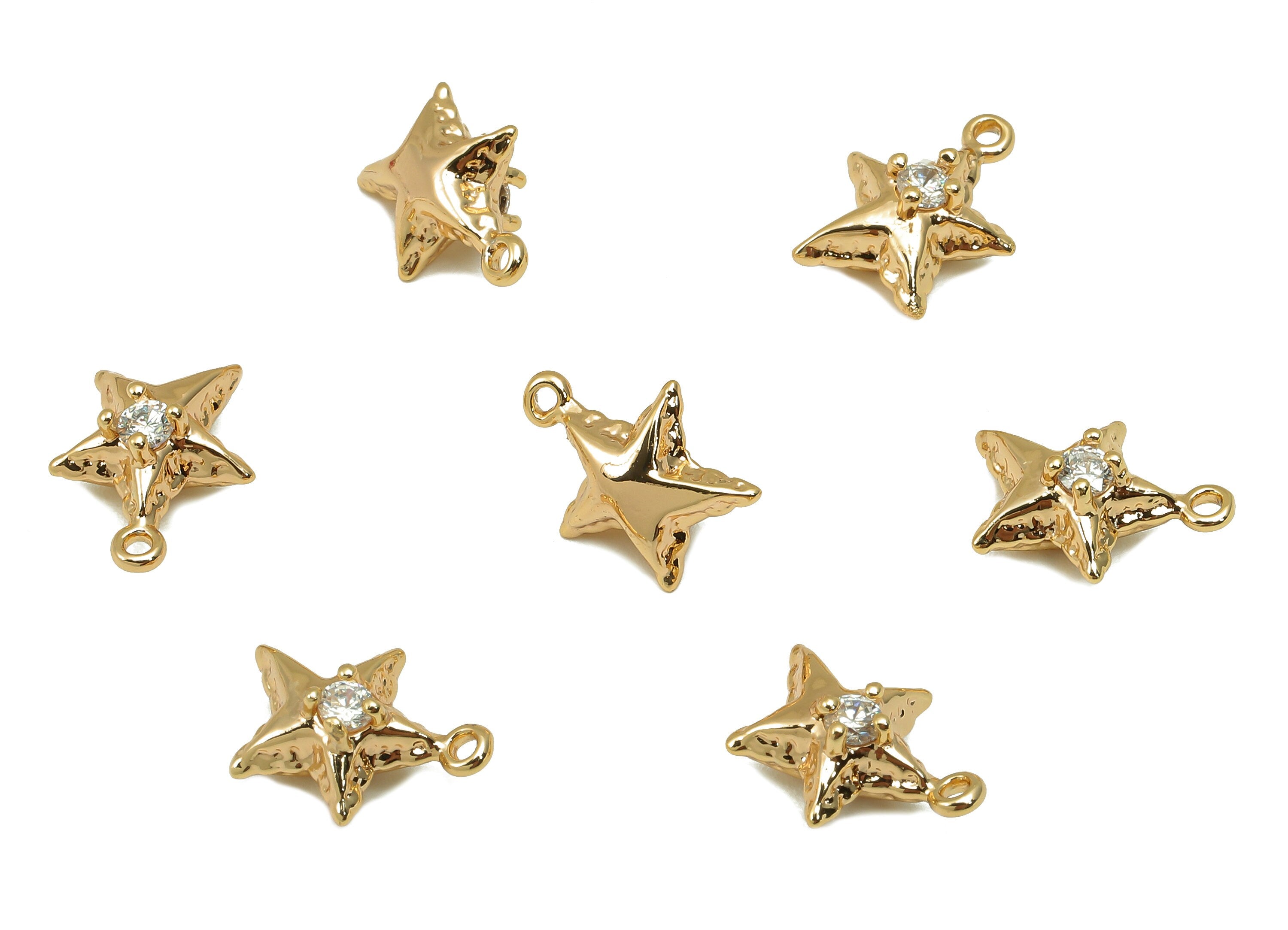 Brass Mini Star Zircon Charm - Gold Tiny Star Cabochon Earring - Necklace Pendant With Loop - 18K Real Gold Plating - 11.2x9x5.1mm - RGP5792 - DOMEDBAZAAR