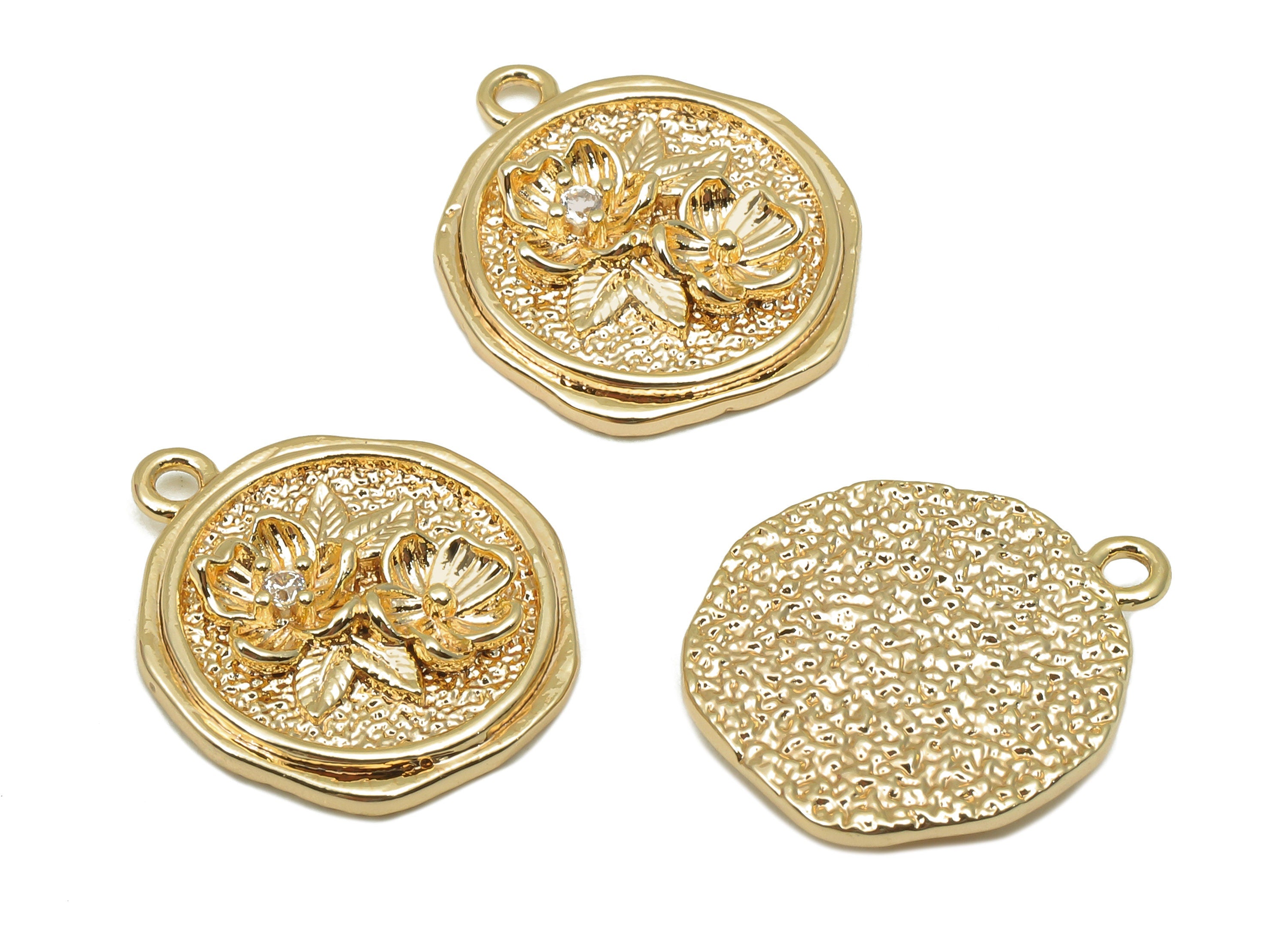 Brass Textured Round Flower Charm - Zircon Circle Flower Earrings - Pendant With Loop - 18K Real Gold Plating - 17.4x14.9x3mm - RGP5797 - DOMEDBAZAAR