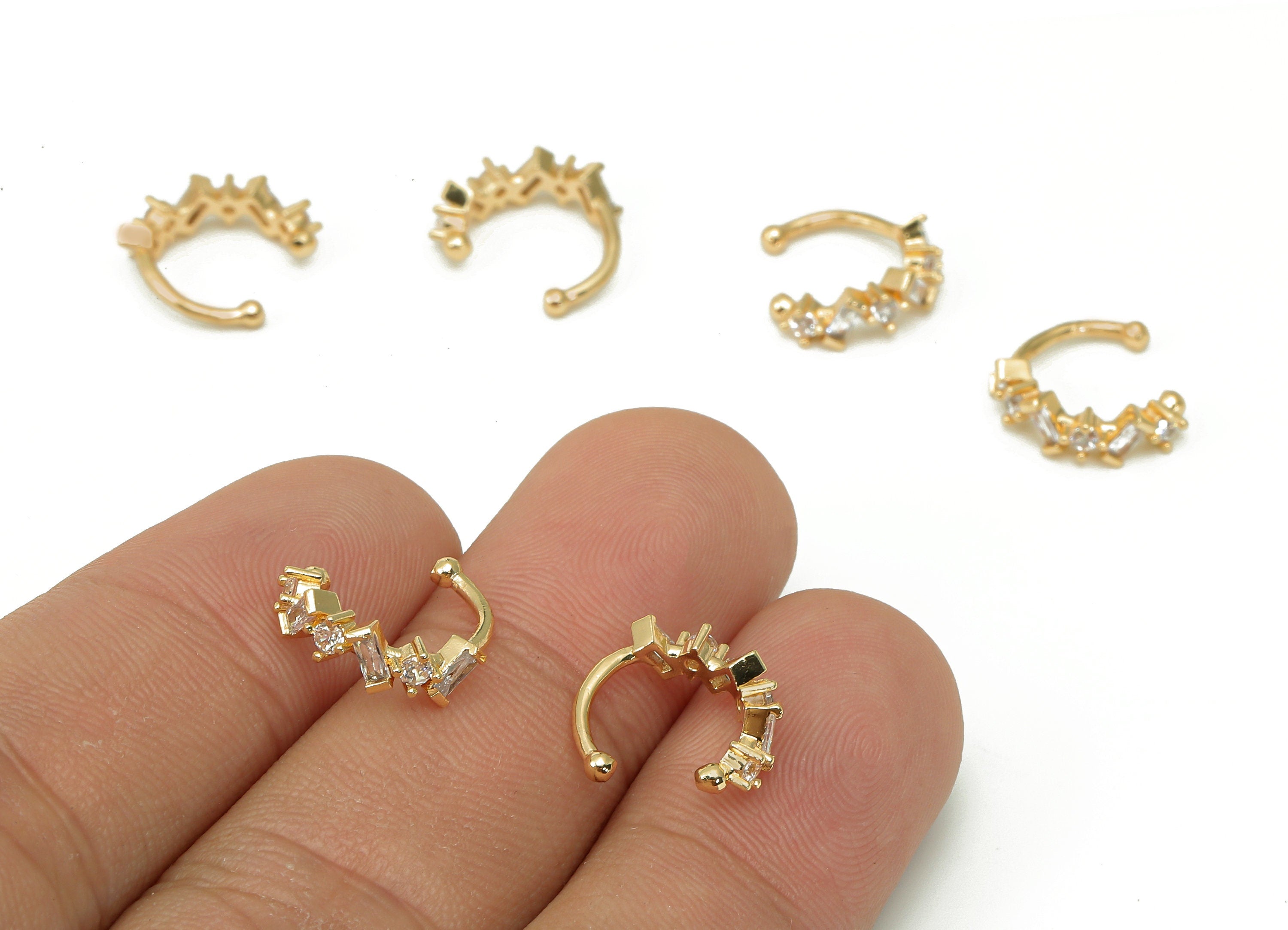 Brass Open Round C Ring - Earring Cuff With Zircon - Huggie Hoop Ear Clip - 18K Real Gold Plating Cuff Ear - 12.8x3.9x0.9mm - RGP5509 - DOMEDBAZAAR