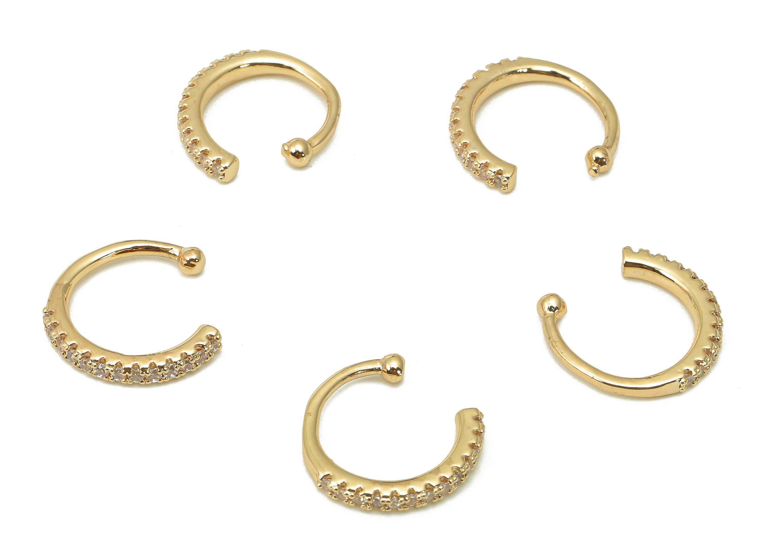 Brass Open Round C Ring - Earring Cuff With Zircon - Huggie Hoop Ear Clip - 18K Real Gold Plating Cuff Ear - 14.1x2.1x2mm - RGP5511 - DOMEDBAZAAR