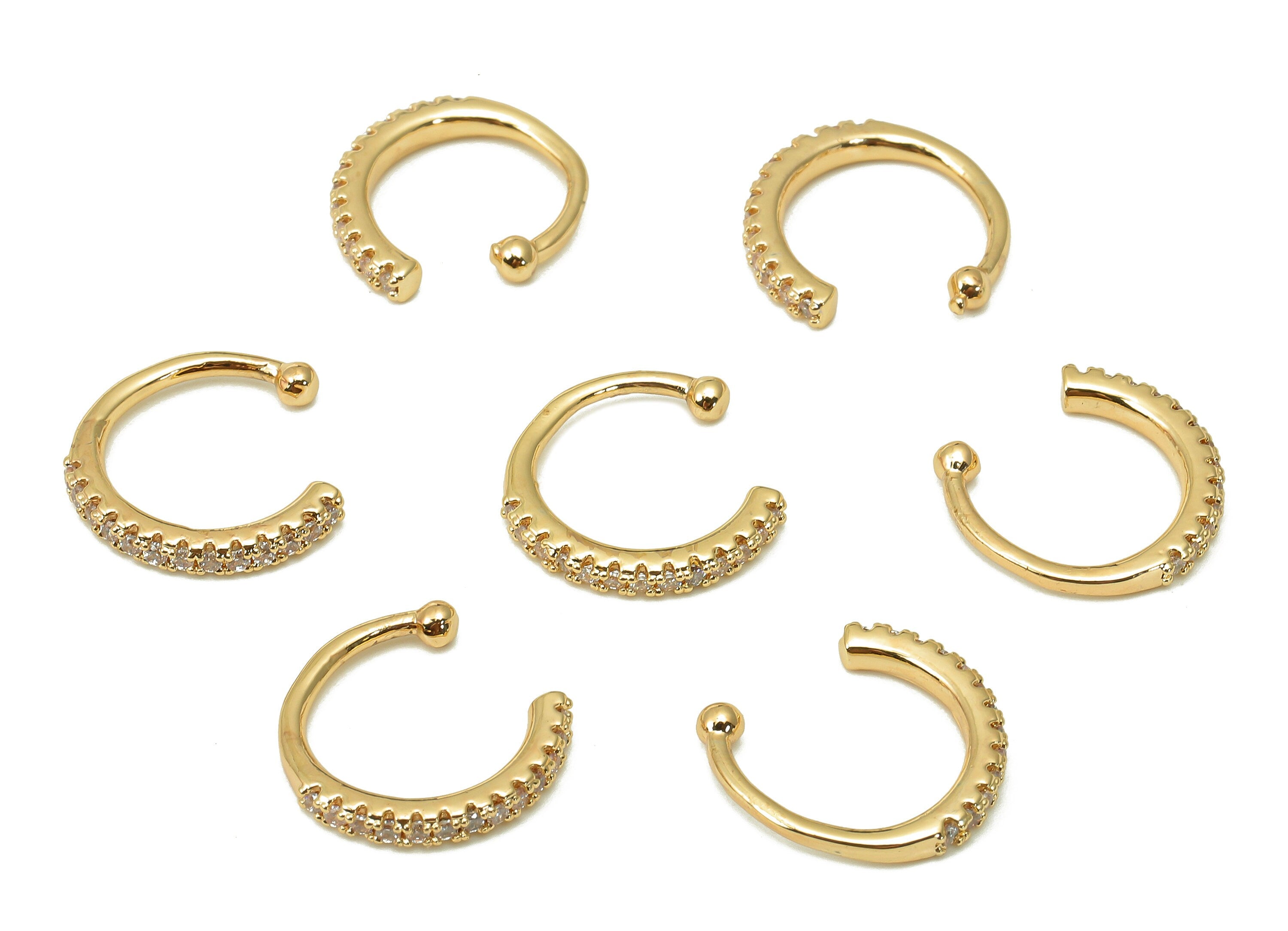 Brass Open Round C Ring - Earring Cuff With Zircon - Huggie Hoop Ear Clip - 18K Real Gold Plating Cuff Ear - 14.1x2.1x2mm - RGP5511 - DOMEDBAZAAR
