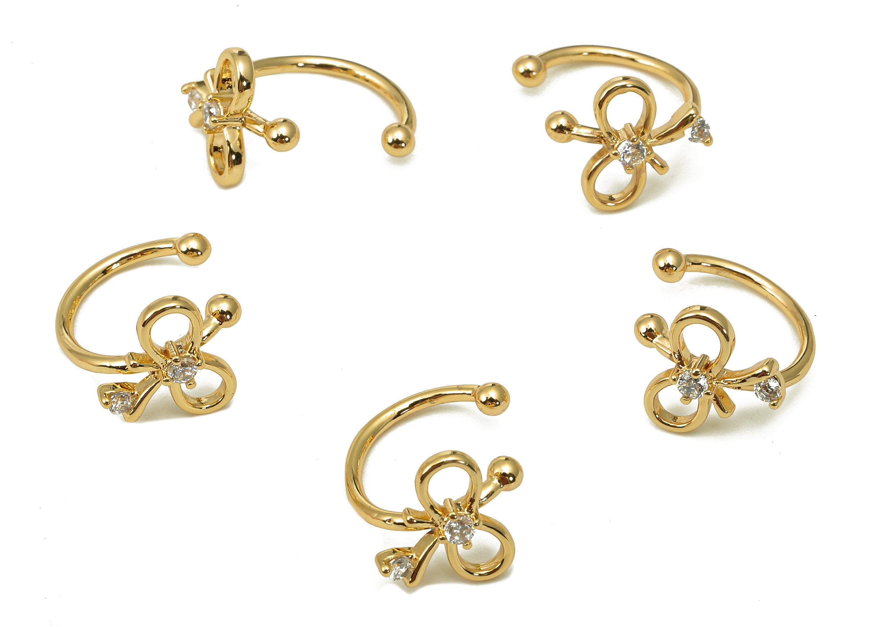 Brass Bow Tie Open Round Ring - Bow-Knot Earring Cuff With Zircon - C Hoop Ear Clip - 18K Real Gold Plating Cuff Ear-16.1x11.9x2.3mm-RGP5512 - DOMEDBAZAAR