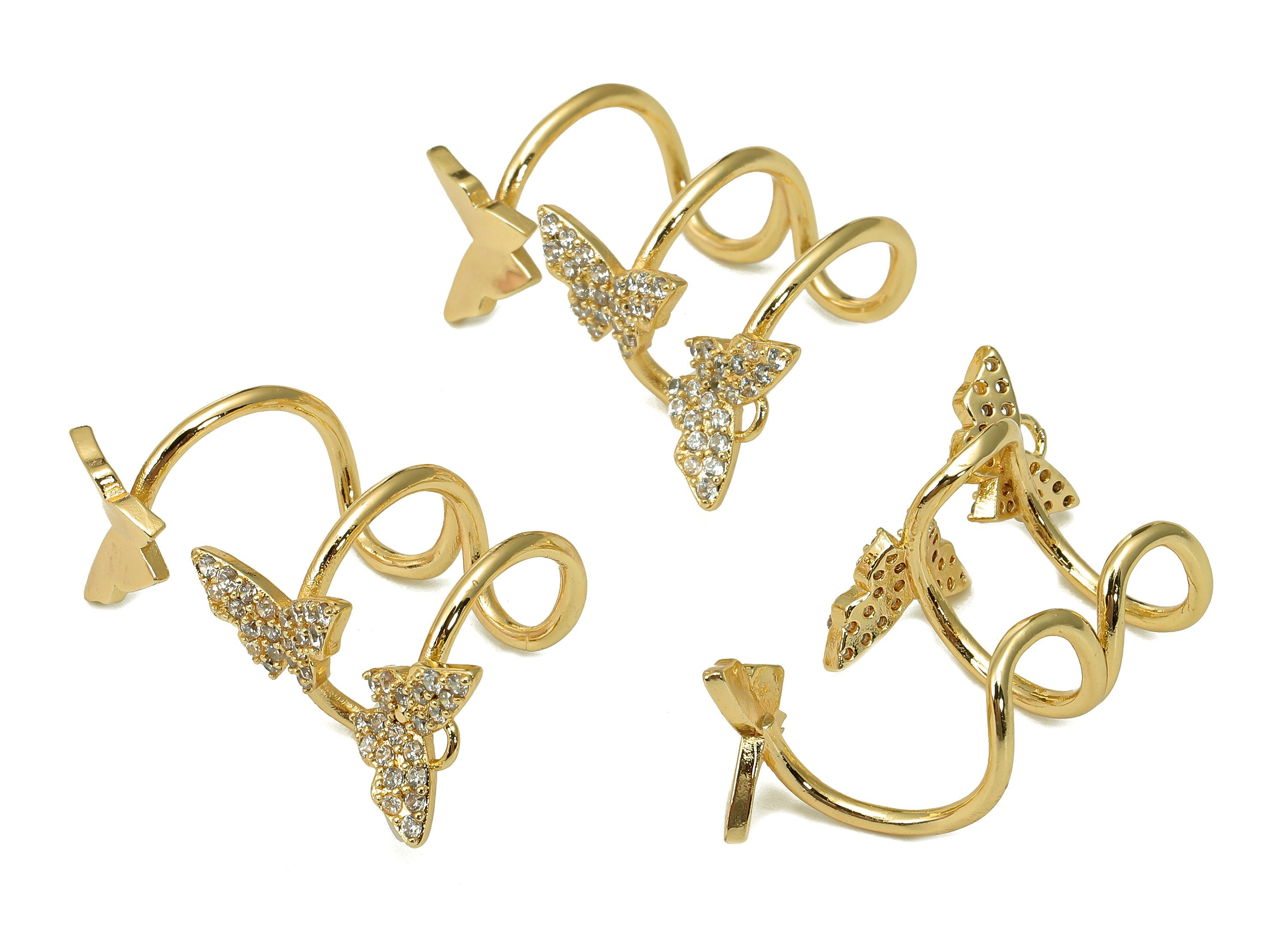 Brass Butterfly Open Round Ring - C Earring Cuff With Zircon - Ear Clip - 18K Real Gold Plating Cuff Ear - 16.1x11.9x2.3mm - RGP5513 - DOMEDBAZAAR