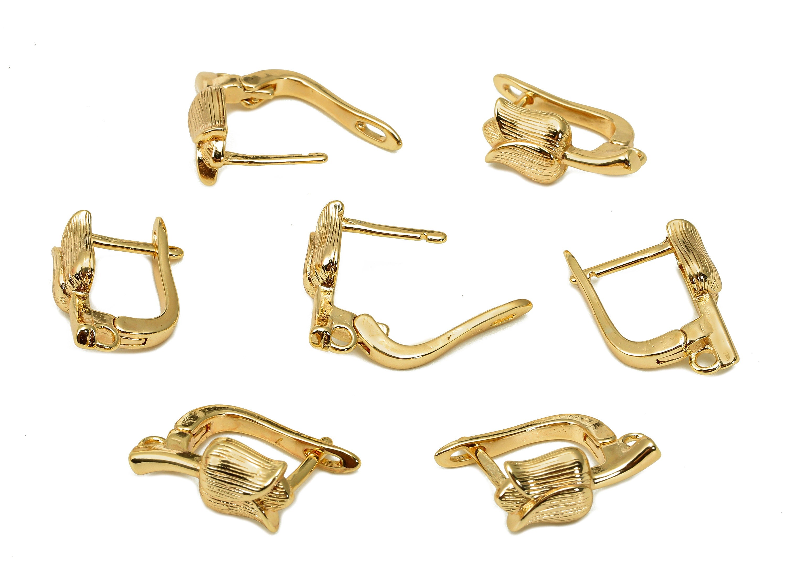 Brass Tulip Flower Earring Clasps - Gold Flower Huggie Clasp - Huggie Earrings With loop - 18K Real Gold Plating - 15.7x13.2x2.8mm - RGP5519 - DOMEDBAZAAR