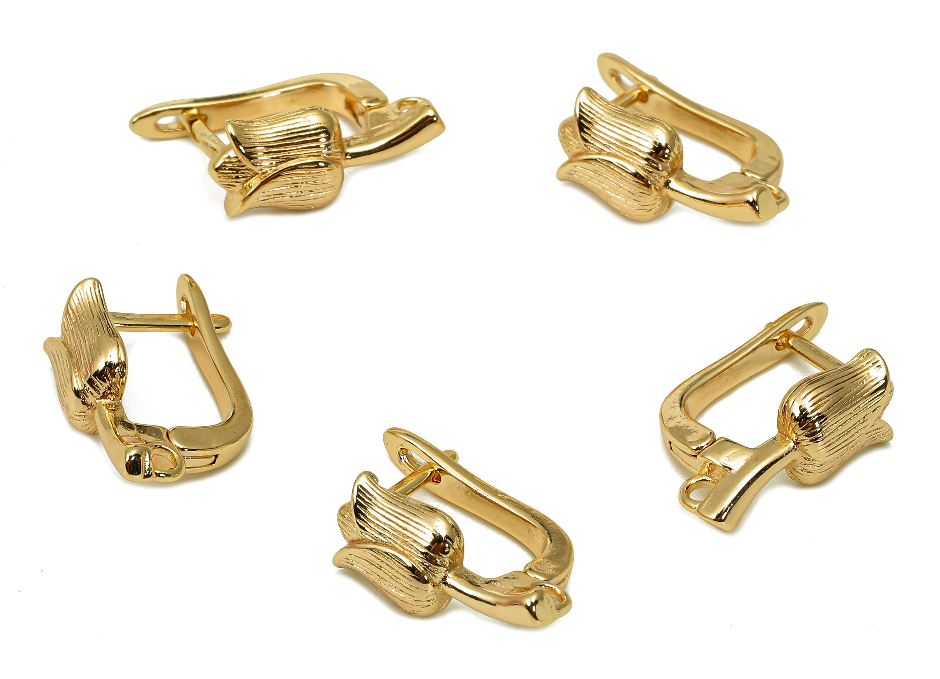 Brass Tulip Flower Earring Clasps - Gold Flower Huggie Clasp - Huggie Earrings With loop - 18K Real Gold Plating - 15.7x13.2x2.8mm - RGP5519 - DOMEDBAZAAR