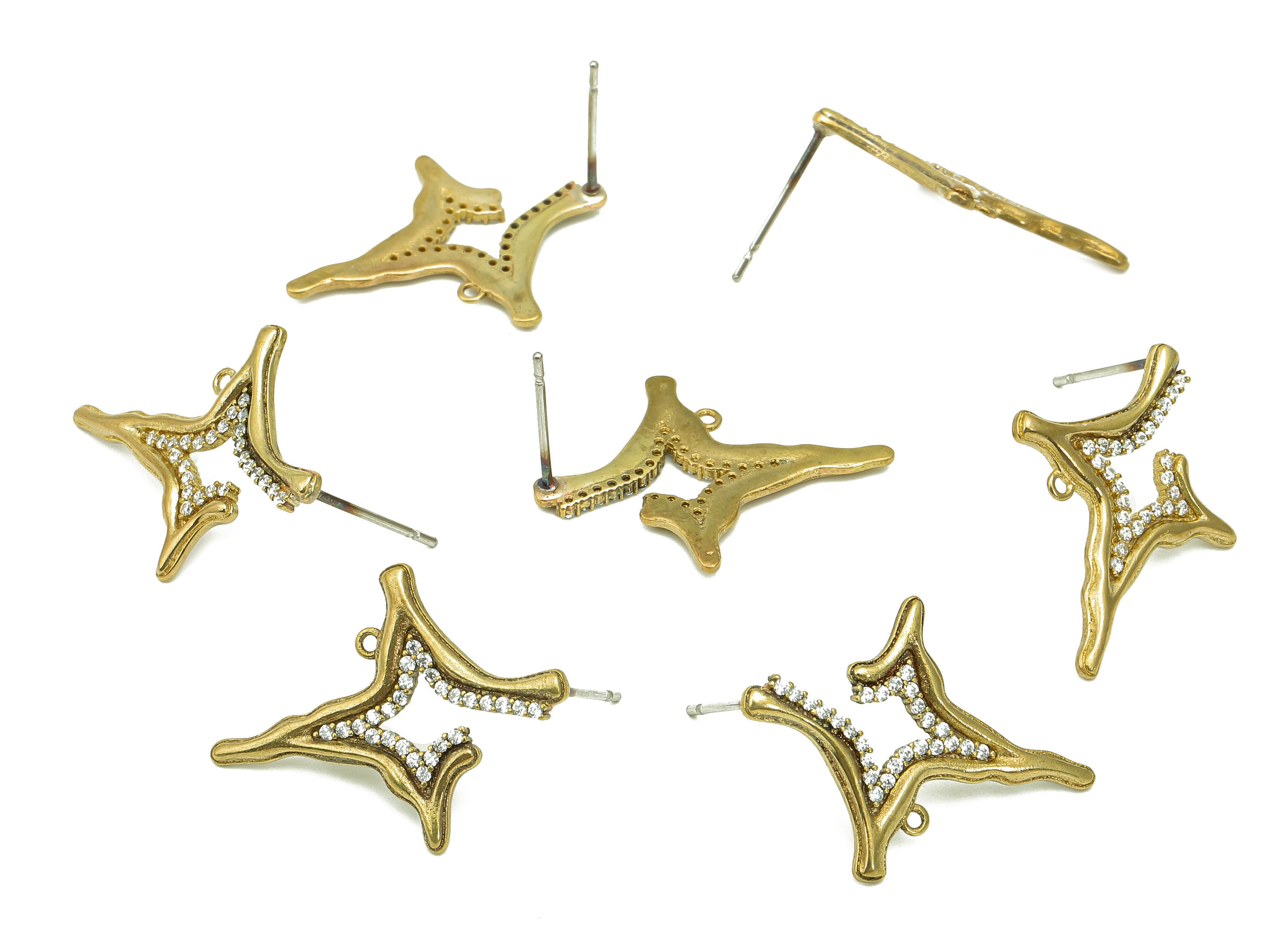 Brass Zircon Planet Earrings Stud - Raw Brass Earring Post With Loop - North Star Stud Ear - 316 Stainless Steel - 24.4x18.4x1.4mm - PP8144 - DOMEDBAZAAR