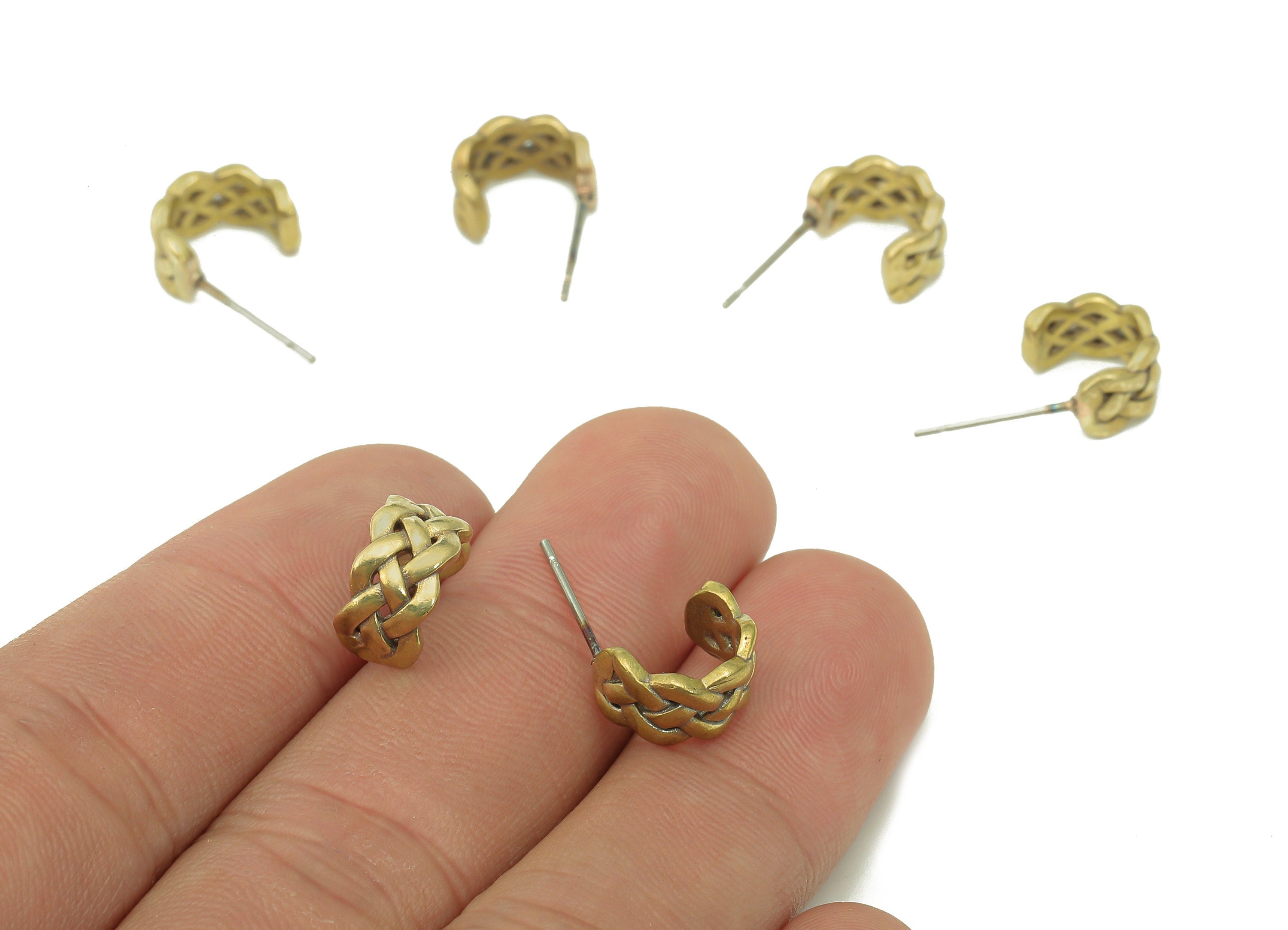 Brass Knitting Huggie C Earrings Stud - Raw Brass Knit Earring Post - Braid Stud Earring - 316 Stainless Steel - 11.72x6.67x2.11mm - PP8151 - DOMEDBAZAAR