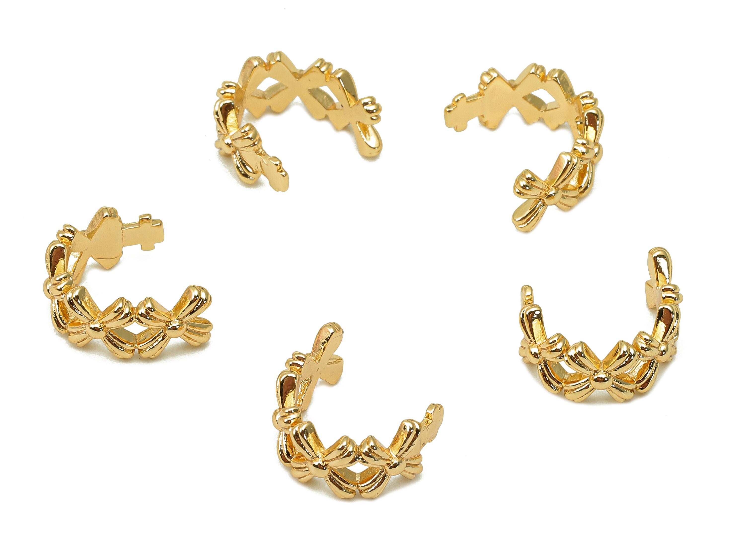 Brass Flower Open Round C Ring - Wide Intersect Hoop Earring Cuff - Ear Clip - 18K Real Gold Plating Cuff Ear - 11.8x6.4x1.7mm - RGP5530 - DOMEDBAZAAR