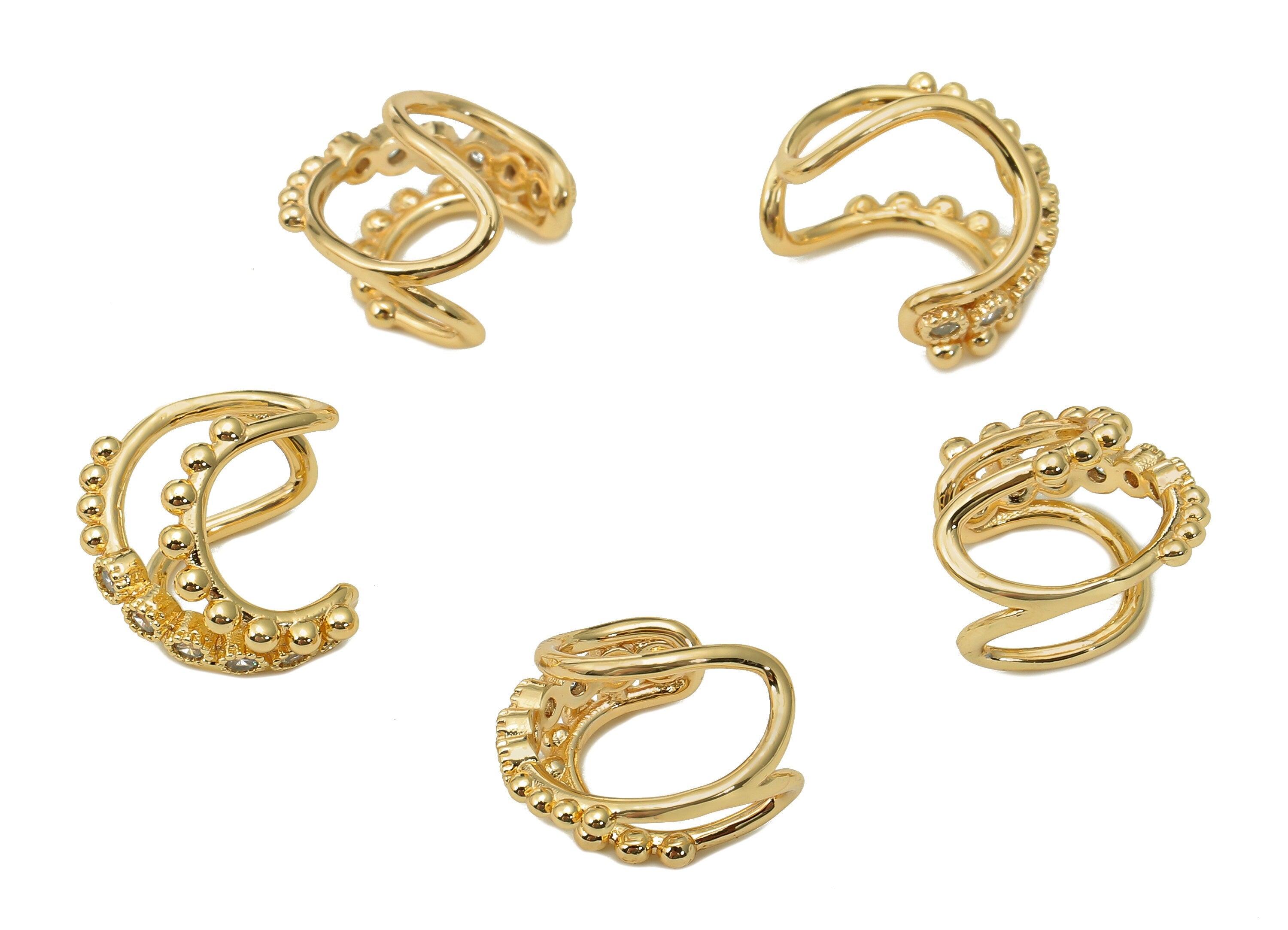 Brass Beads Open Round C Ring - Mini Beads With Zircon - Curved Hollow Hoop Ear Cuff - 18K Real Gold Plated Brass - 14.6x13x1.86mm - RGP5457 - DOMEDBAZAAR