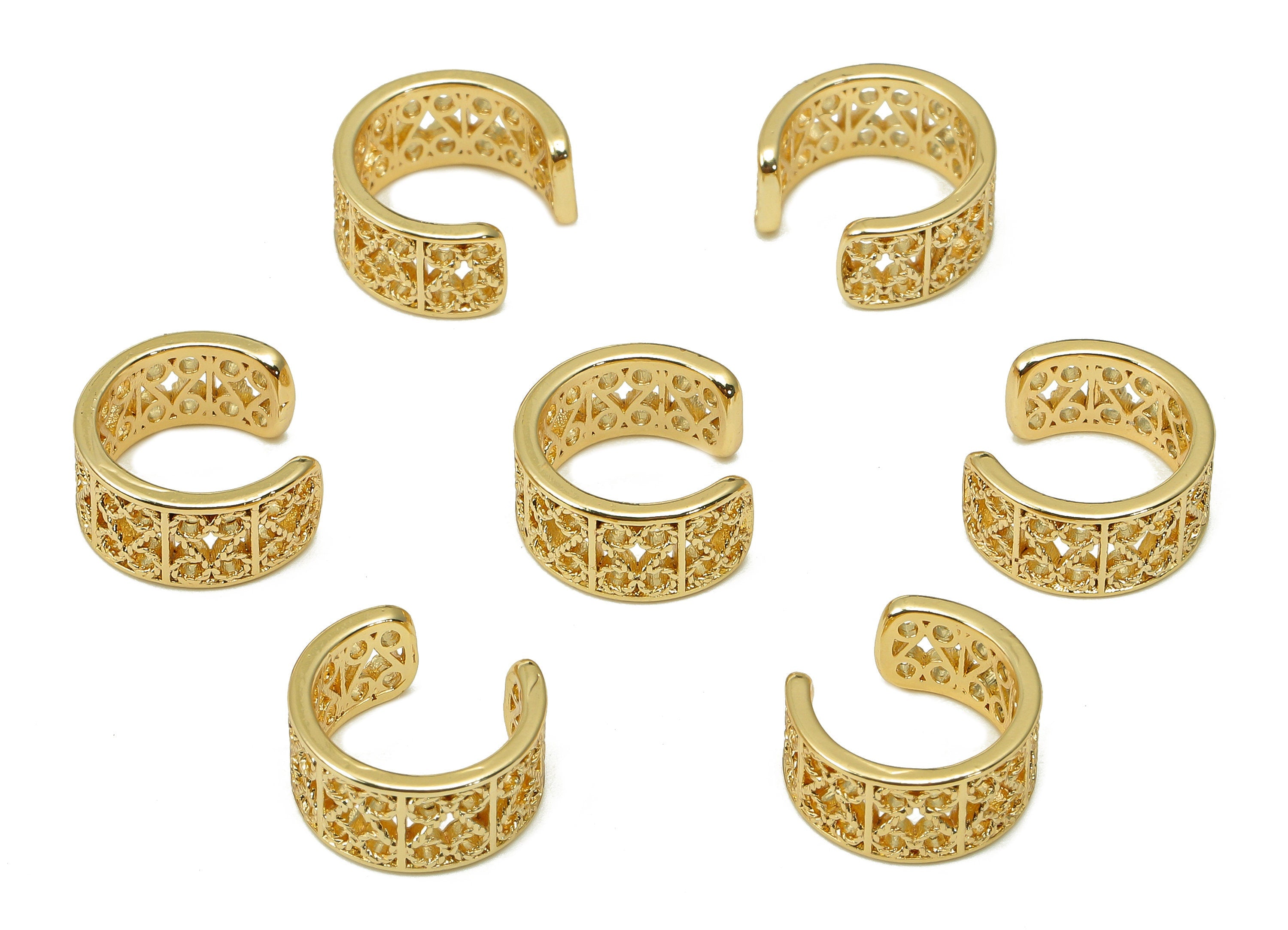 Brass Open Round C Ring - Textured Wide Earring Cuff - Pattern Hollow Hoop Ear Cuff - 18K Real Gold Plating Cuff Ear - 11.2x5.4x1mm -RGP5534 - DOMEDBAZAAR