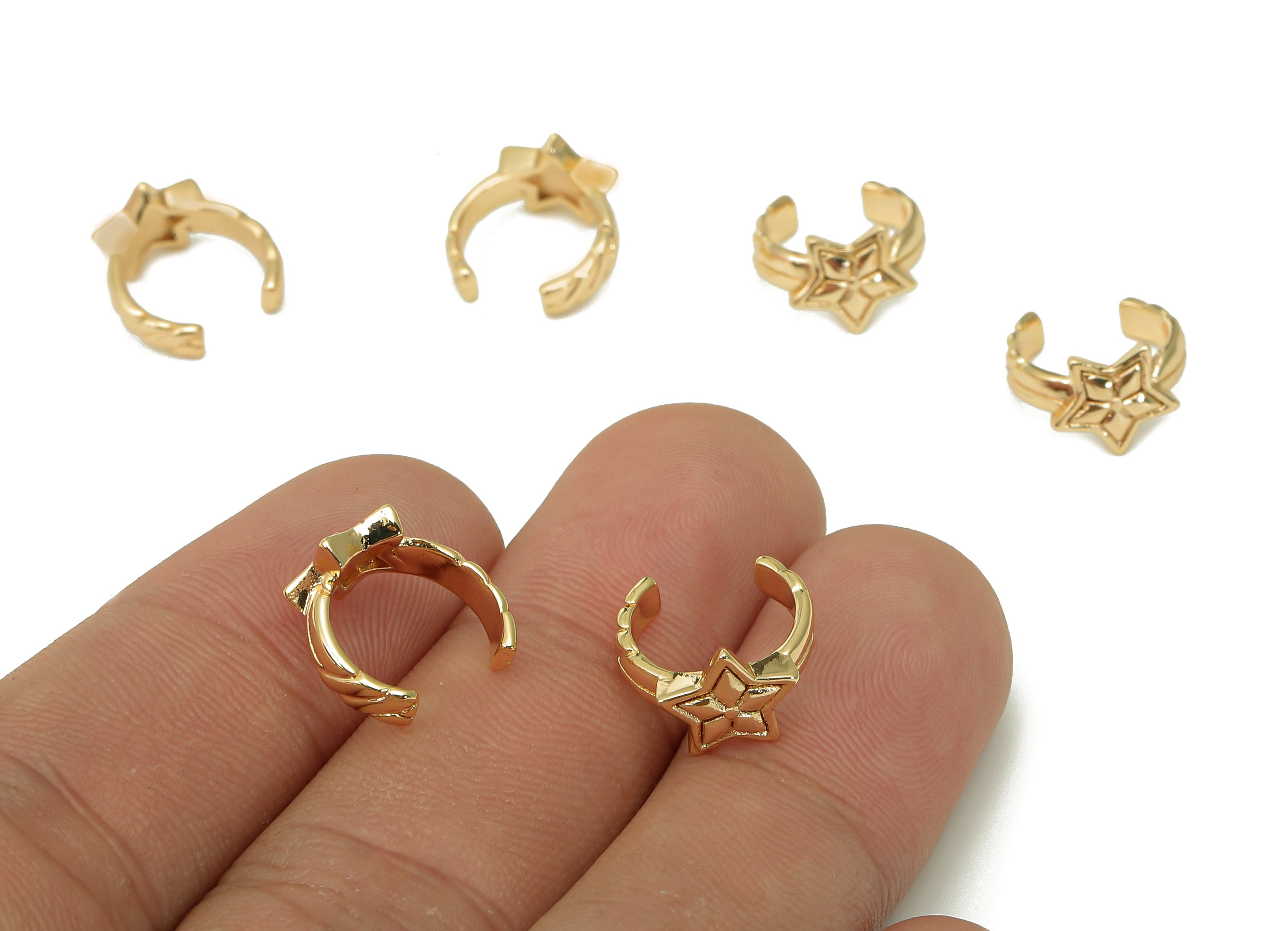 Brass Star Open Round C Ring - Textured Earring Cuff - Semicircle Hoop Ear Cuff - 18K Real Gold Plating Cuff Ear - 12.2x12.2x2.2mm - RGP5461 - DOMEDBAZAAR