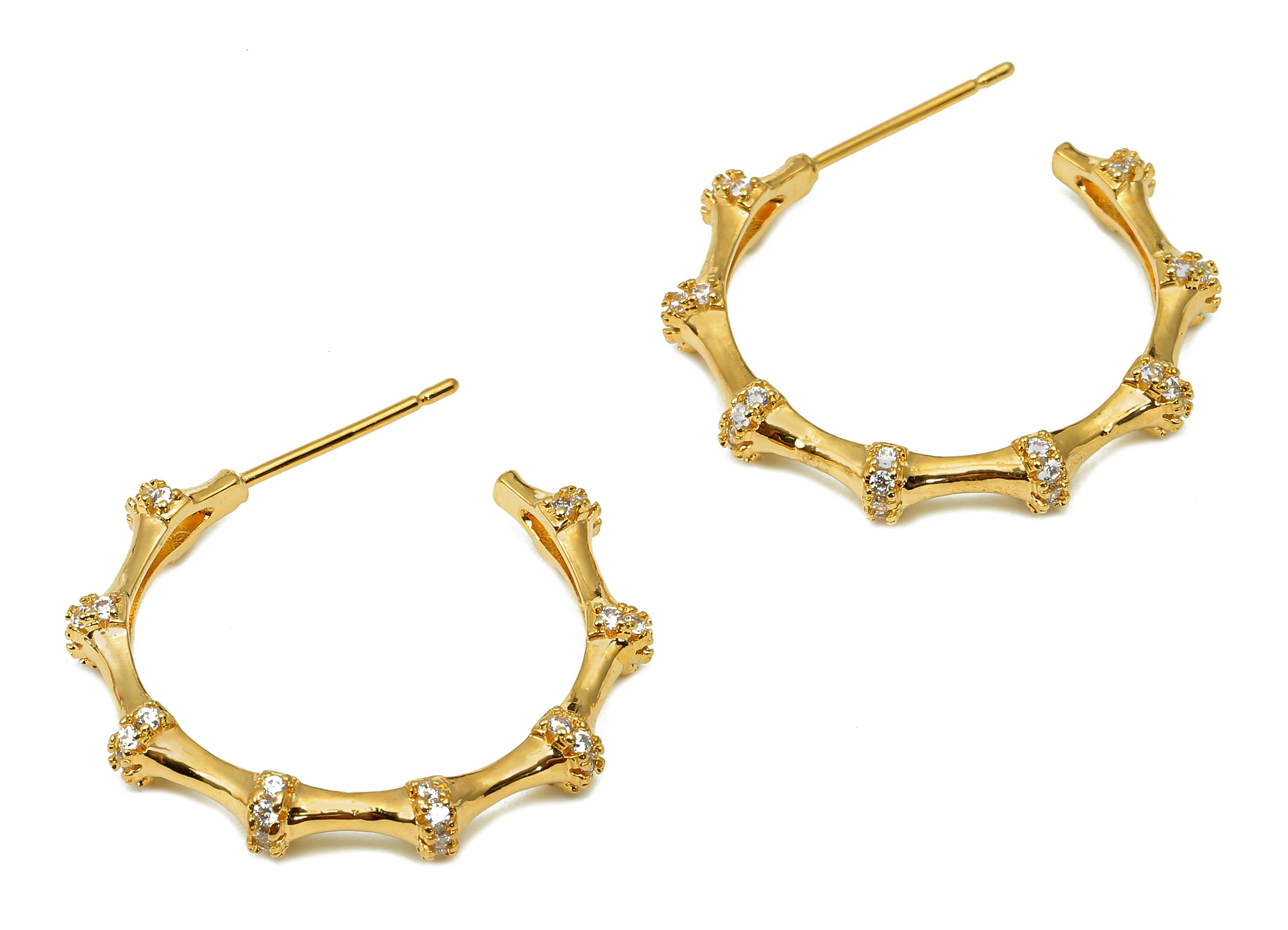 Brass Open Hoop Stud Earrings - Bamboo Earring Post With Zircon - 316 Stainless Steel Stud - 18K Real Gold Plating - 25x21.9x4mm - RGP5501 - DOMEDBAZAAR