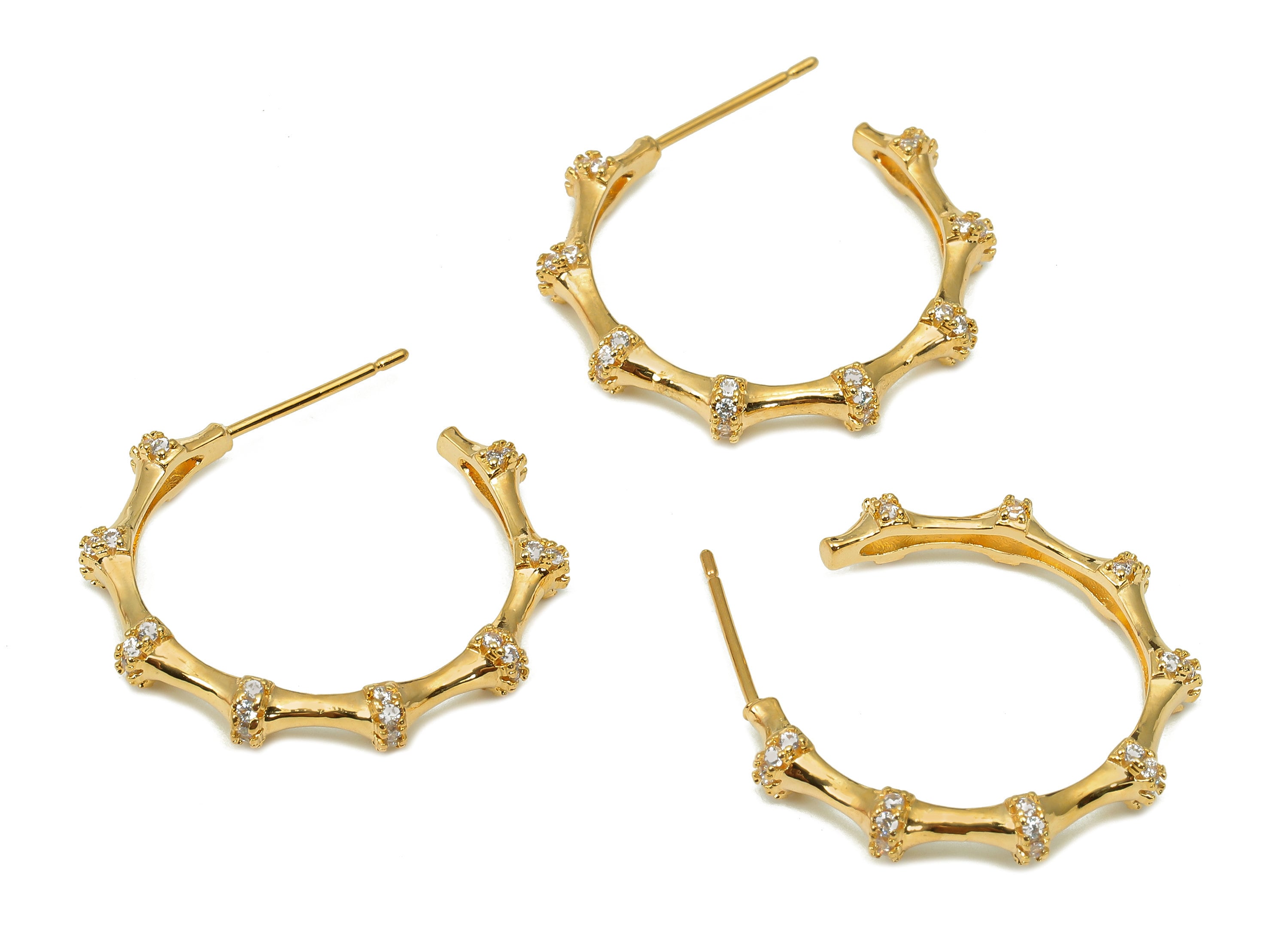 Brass Open Hoop Stud Earrings - Bamboo Earring Post With Zircon - 316 Stainless Steel Stud - 18K Real Gold Plating - 25x21.9x4mm - RGP5501 - DOMEDBAZAAR