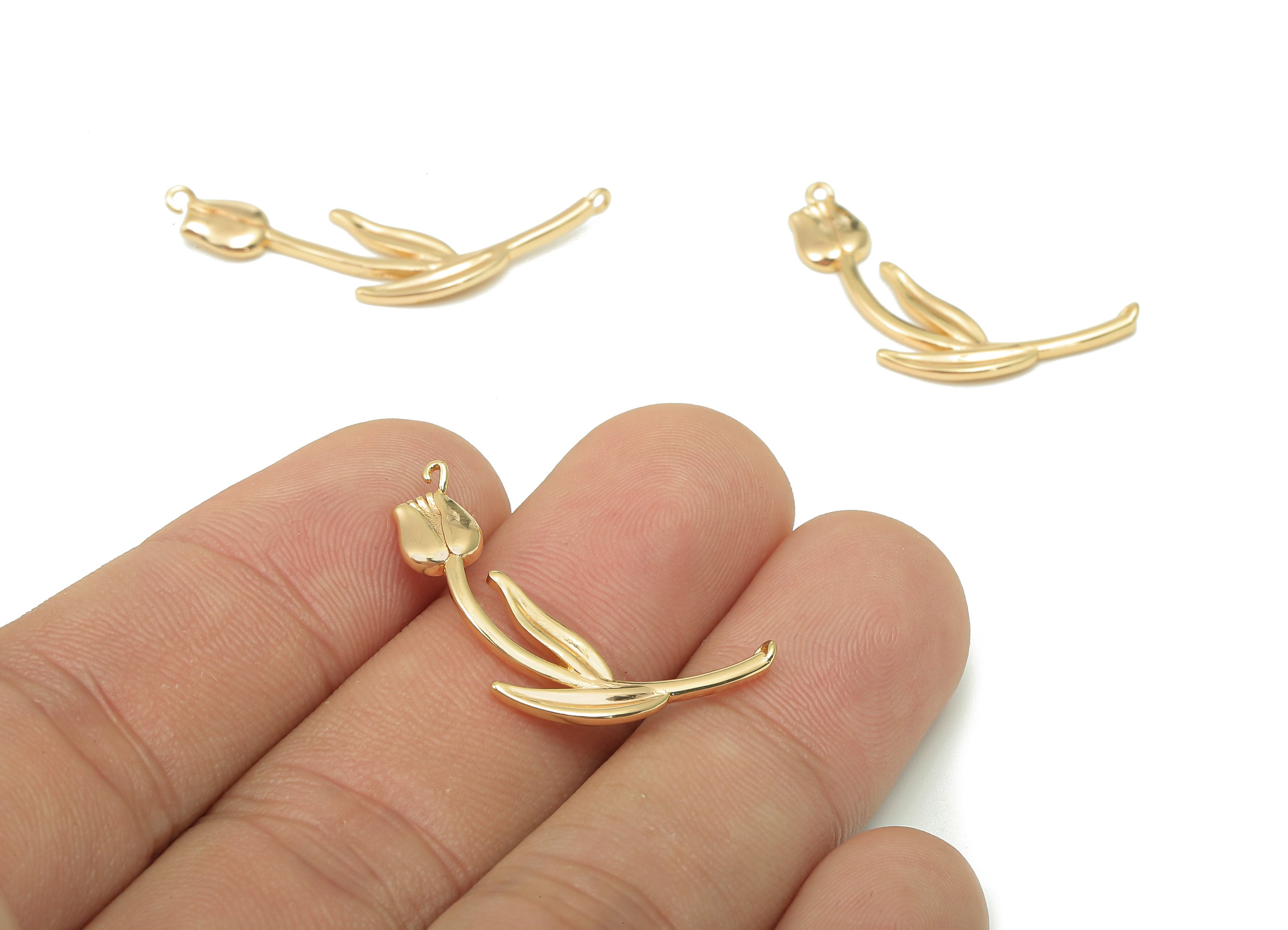 Brass Tulip Flower Connector - Earring With Hook - Pendant With Loop - Charm For Necklace - 18K Real Gold Plating - 33.7x9.3x1.4mm - RGP5490 - DOMEDBAZAAR