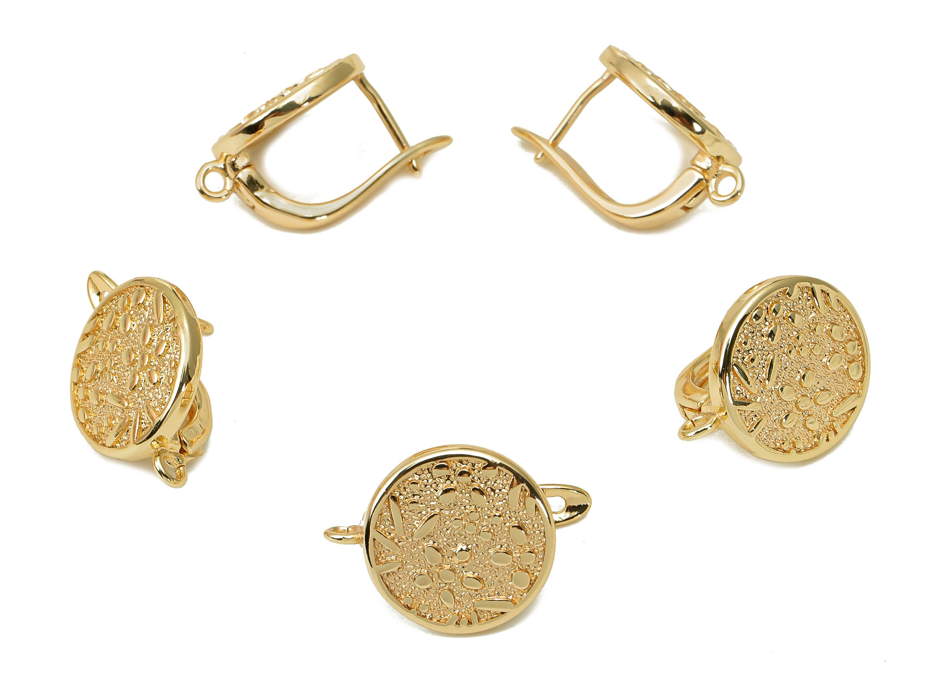 Brass Round Earring Clasp - Round Clasps Earring With Loop - Textured Circle Dots Clasps - 18K Real Gold Plating - 19.9x13.4x1.5mm - RGP5488 - DOMEDBAZAAR