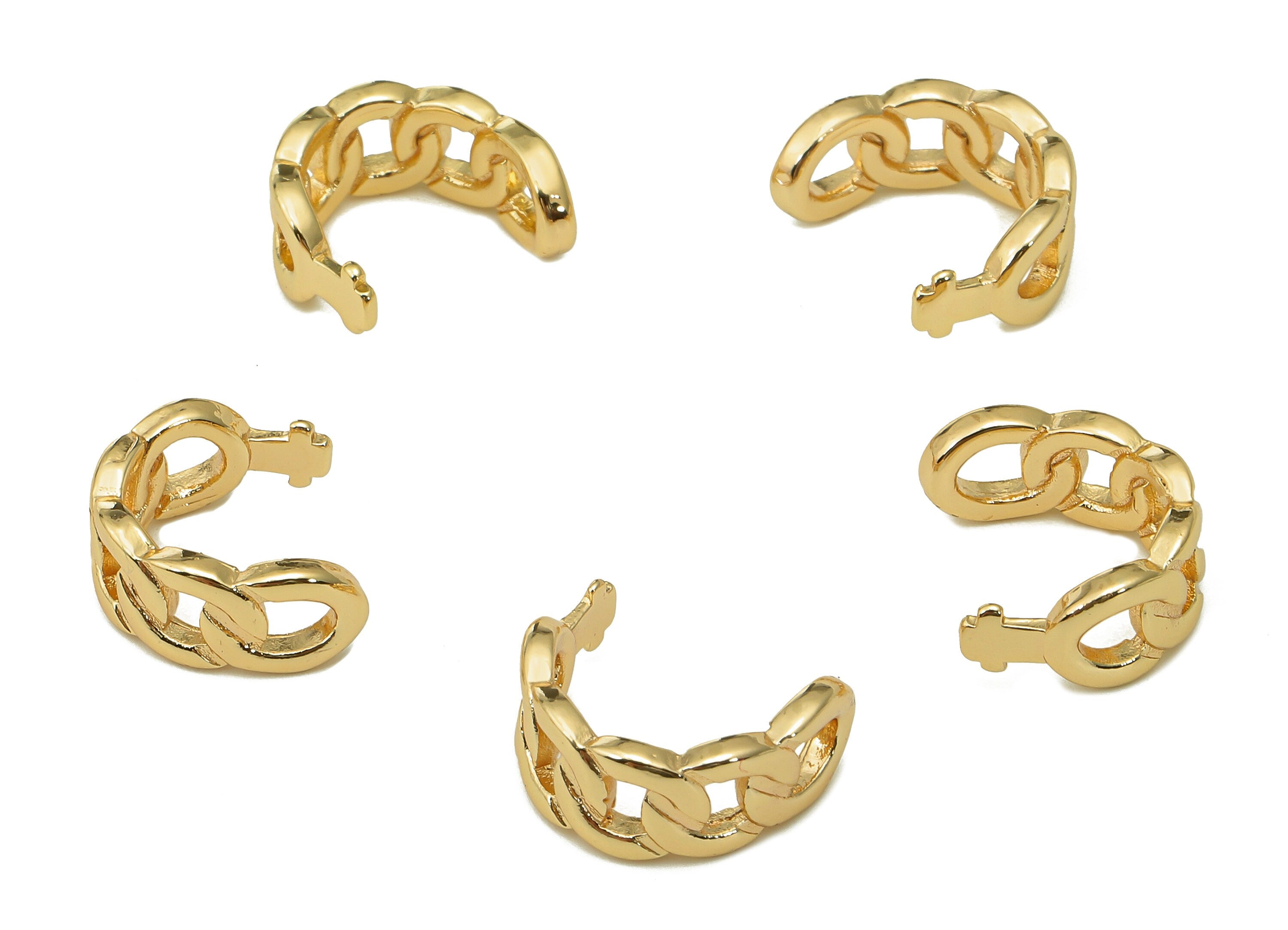 Brass Curb Chain Hoop C Ring - Round Hollow Earring Cuff - Wide Hoop Ear Clip - 18K Real Gold Plating Cuff Ear - 11.9x11.3x1.6mm - RGP5485 - DOMEDBAZAAR