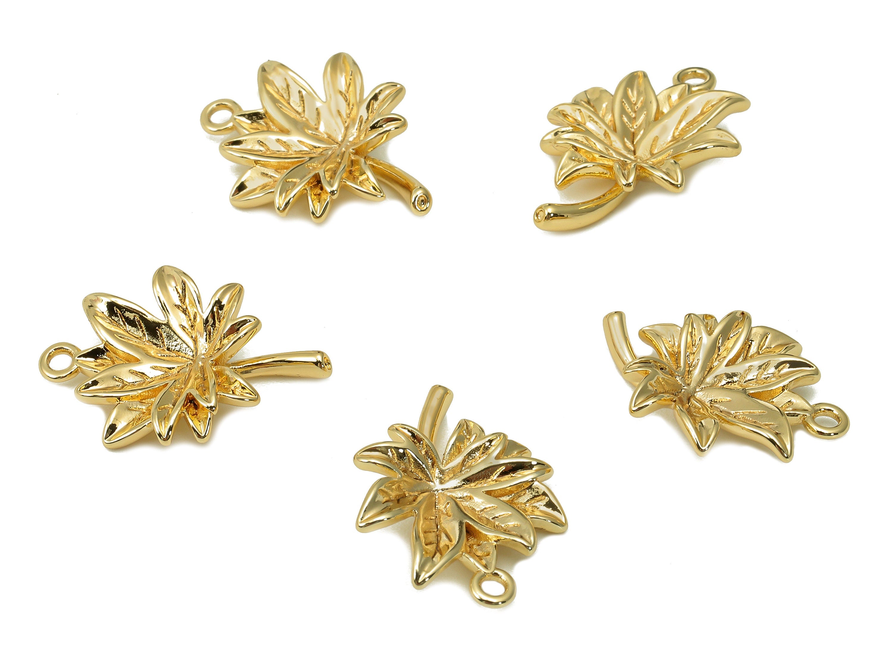 Brass Leaf Earring Charm - Gold Leaves Earring - Maple Leaf Pendant With Loop - 18K Real Gold Plating Charm - 18.8x14.1x3.3mm - RGP5484 - DOMEDBAZAAR