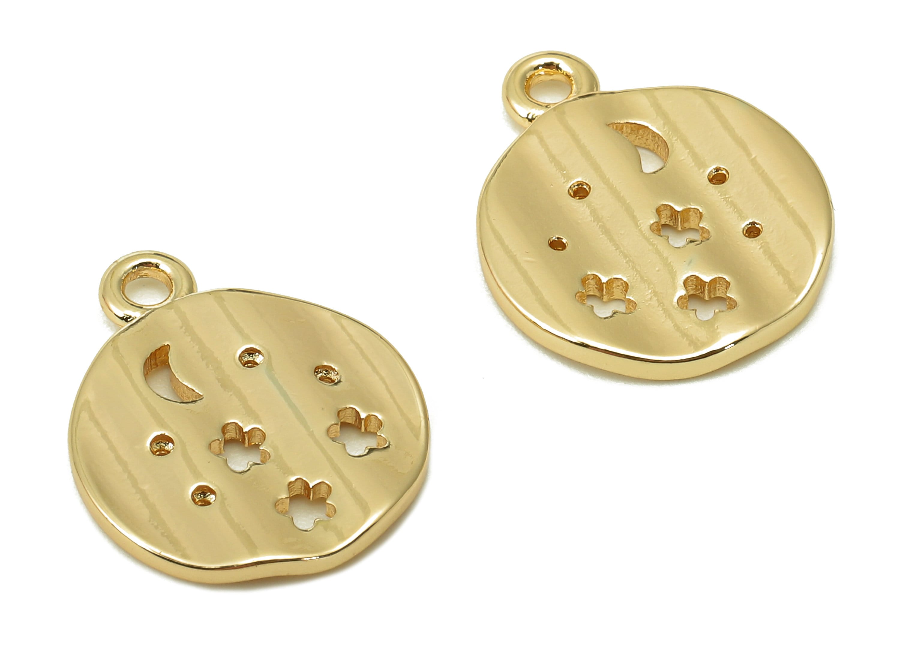 Brass Round Star Earring Charm - Circle Star Crescent Hollow Earring - Pendant With Loop - 18K Real Gold Plating - 16.9x13.7x1.8mm - RGP5480 - DOMEDBAZAAR