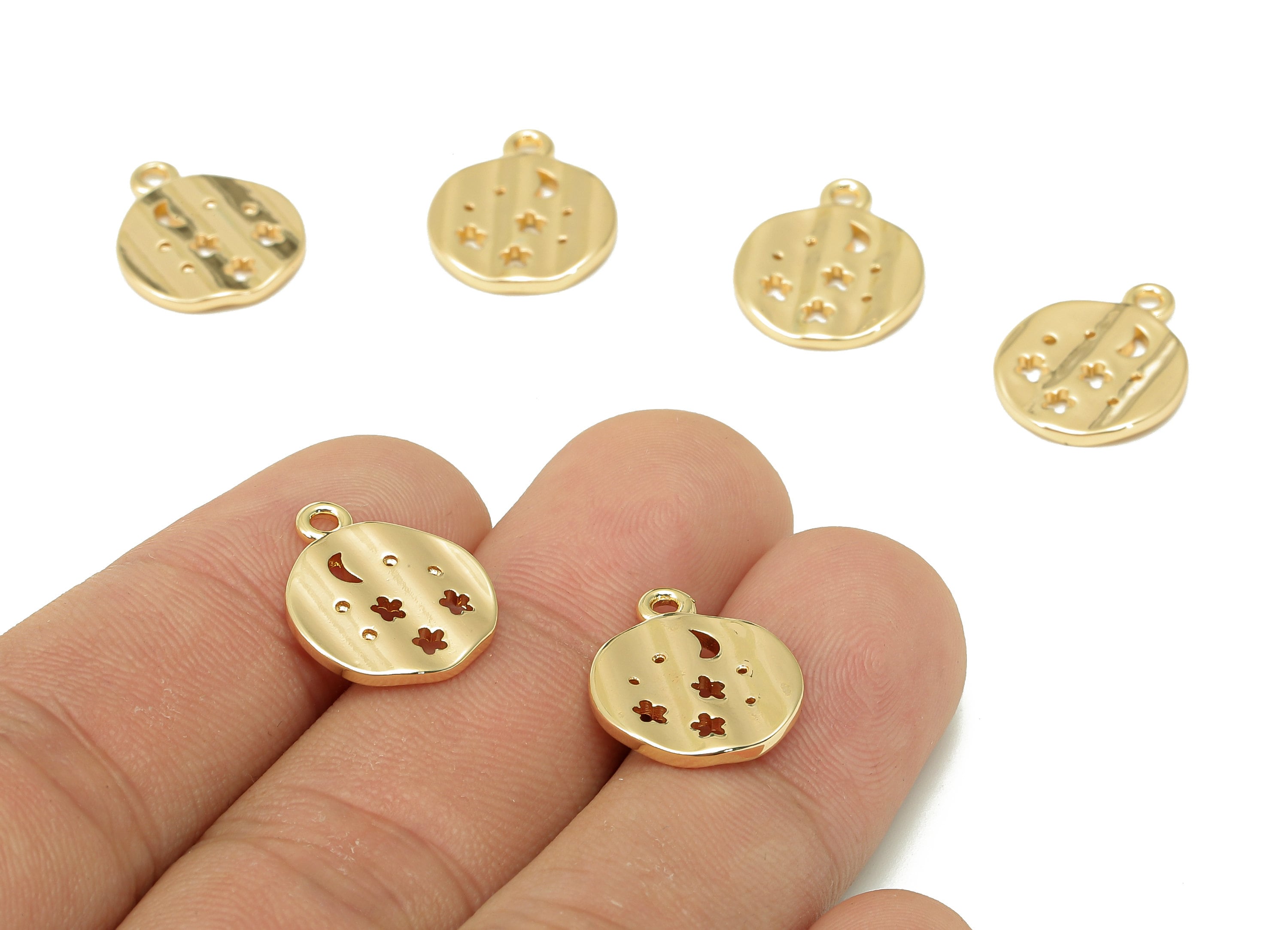 Brass Round Star Earring Charm - Circle Star Crescent Hollow Earring - Pendant With Loop - 18K Real Gold Plating - 16.9x13.7x1.8mm - RGP5480 - DOMEDBAZAAR