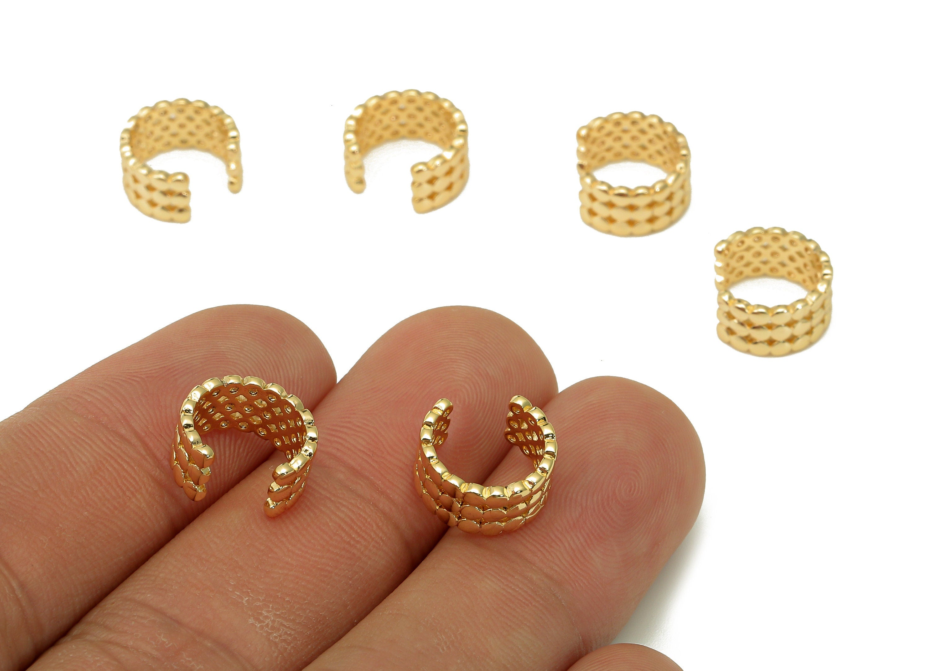 Brass Spot Open Round C Ring - Wide Hollow Hoop Earring Cuff - Circle Dots Ear Cuff - 18K Real Gold Plating - 11.36x10.6x1.1mm - RGP5468 - DOMEDBAZAAR