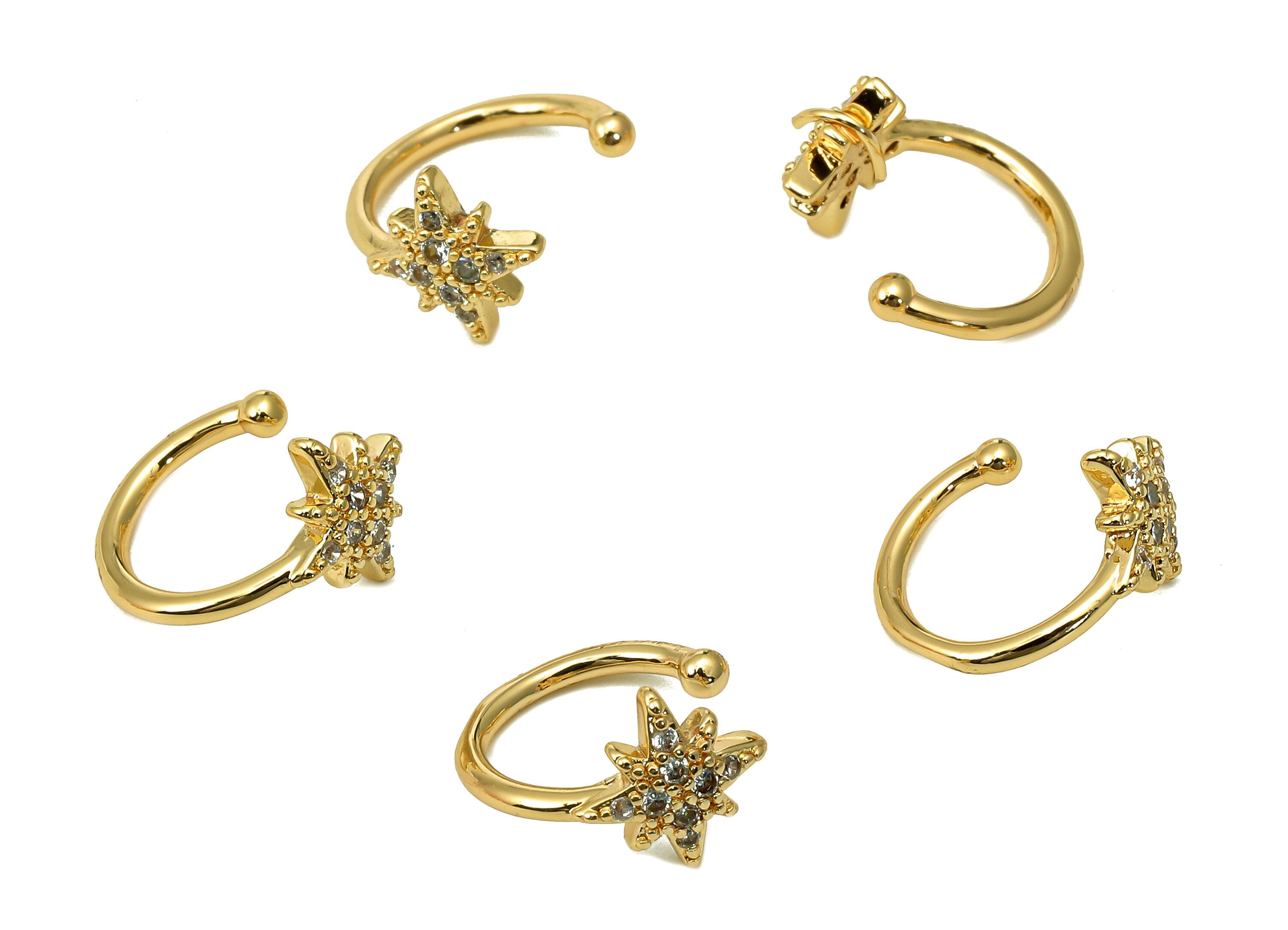 Brass Star Open Round C Ring - Cartilage Earring With Zircon - Planet Huggie Hoop Ear Clip - 18K Real Gold Plating - 11.7x11x1.2mm - RGP5476 - DOMEDBAZAAR