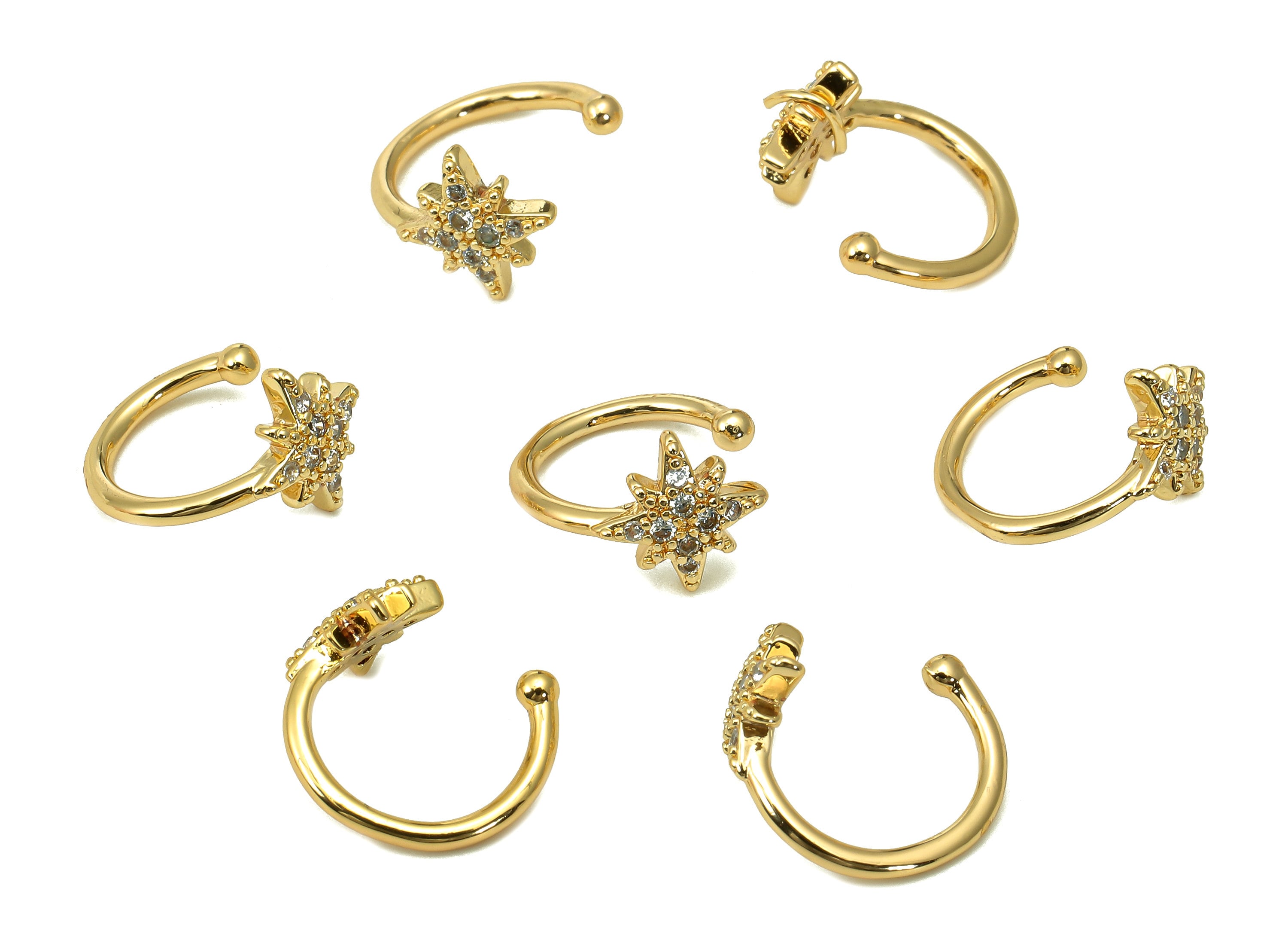 Brass Star Open Round C Ring - Cartilage Earring With Zircon - Planet Huggie Hoop Ear Clip - 18K Real Gold Plating - 11.7x11x1.2mm - RGP5476 - DOMEDBAZAAR