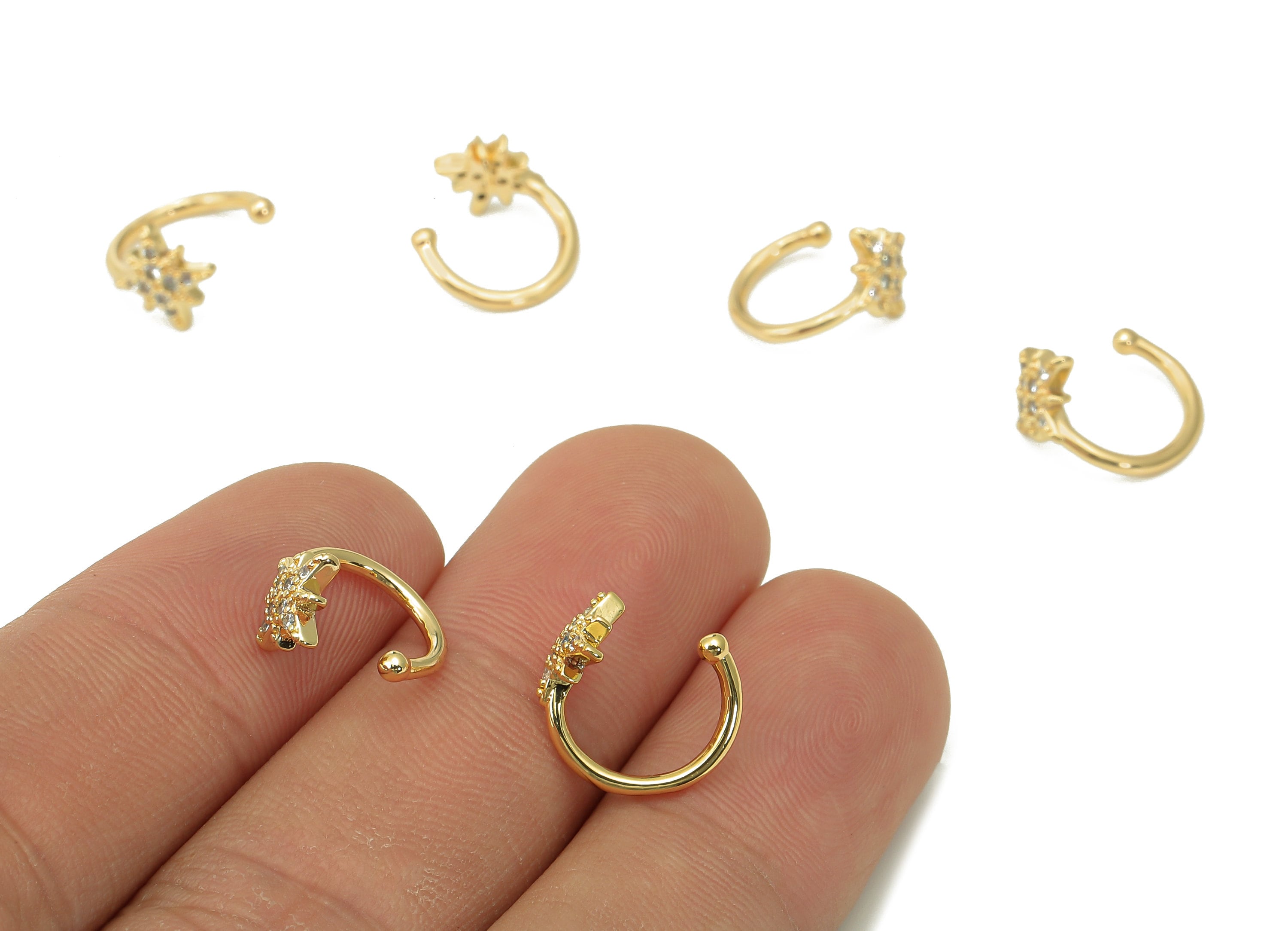 Brass Star Open Round C Ring - Cartilage Earring With Zircon - Planet Huggie Hoop Ear Clip - 18K Real Gold Plating - 11.7x11x1.2mm - RGP5476 - DOMEDBAZAAR