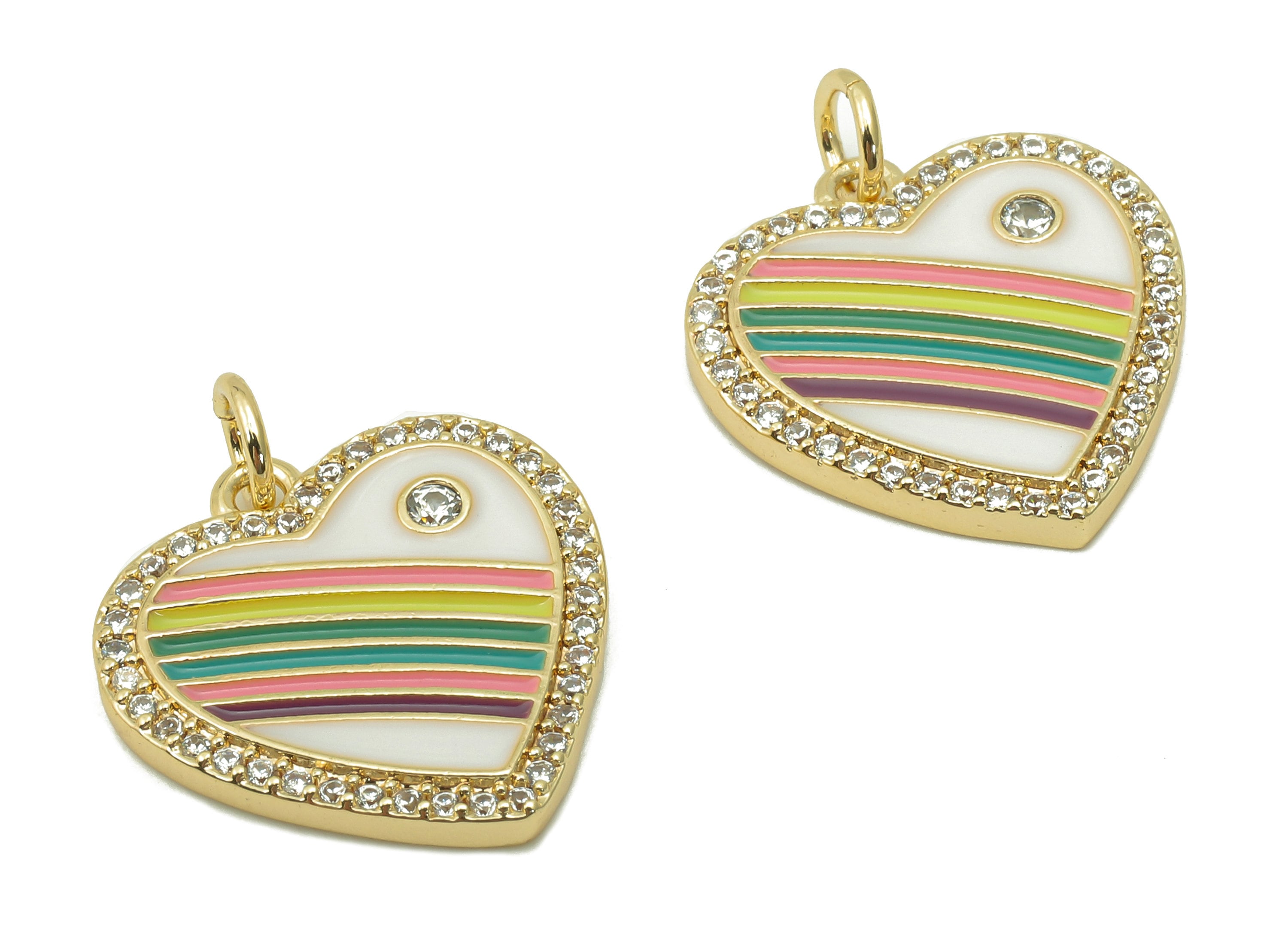 Brass Rainbow Heart Pendant - Zircon Heart Earring Charm - White Enamel Earring With Loop - 18K Real Gold Plating - 18.9x18x2.2mm - RGP5477 - DOMEDBAZAAR