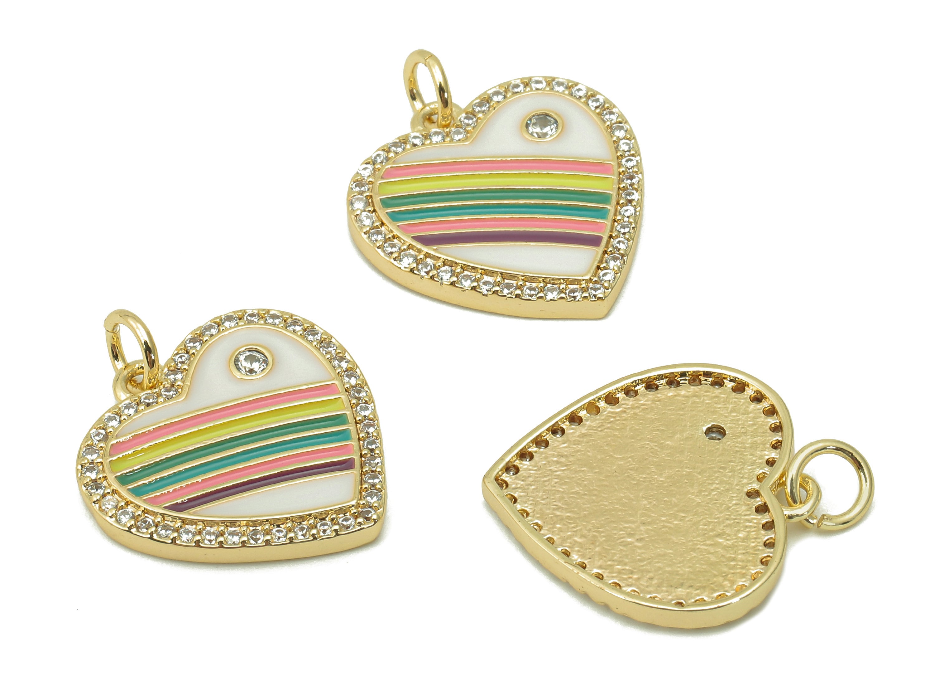 Brass Rainbow Heart Pendant - Zircon Heart Earring Charm - White Enamel Earring With Loop - 18K Real Gold Plating - 18.9x18x2.2mm - RGP5477 - DOMEDBAZAAR