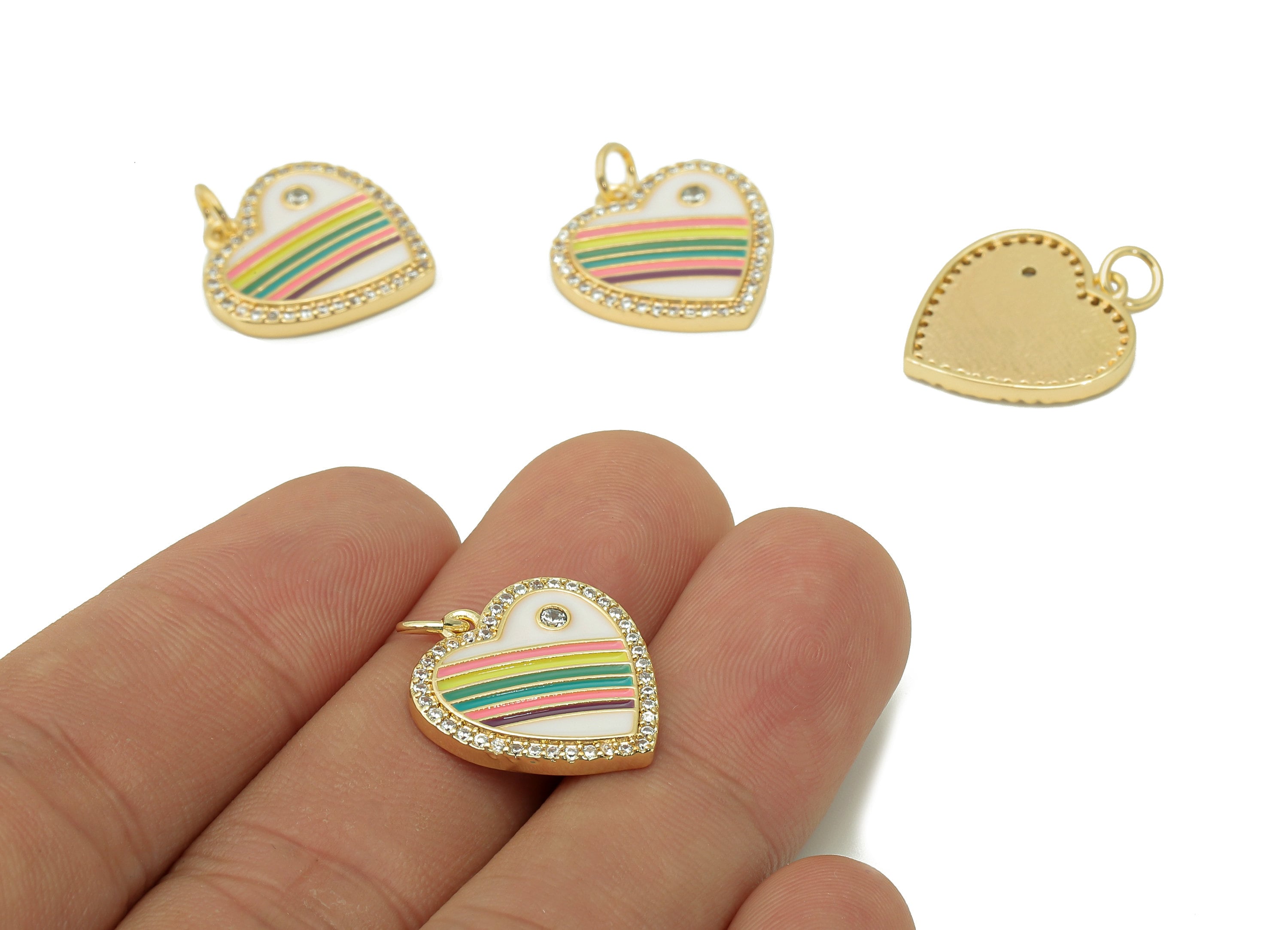 Brass Rainbow Heart Pendant - Zircon Heart Earring Charm - White Enamel Earring With Loop - 18K Real Gold Plating - 18.9x18x2.2mm - RGP5477 - DOMEDBAZAAR