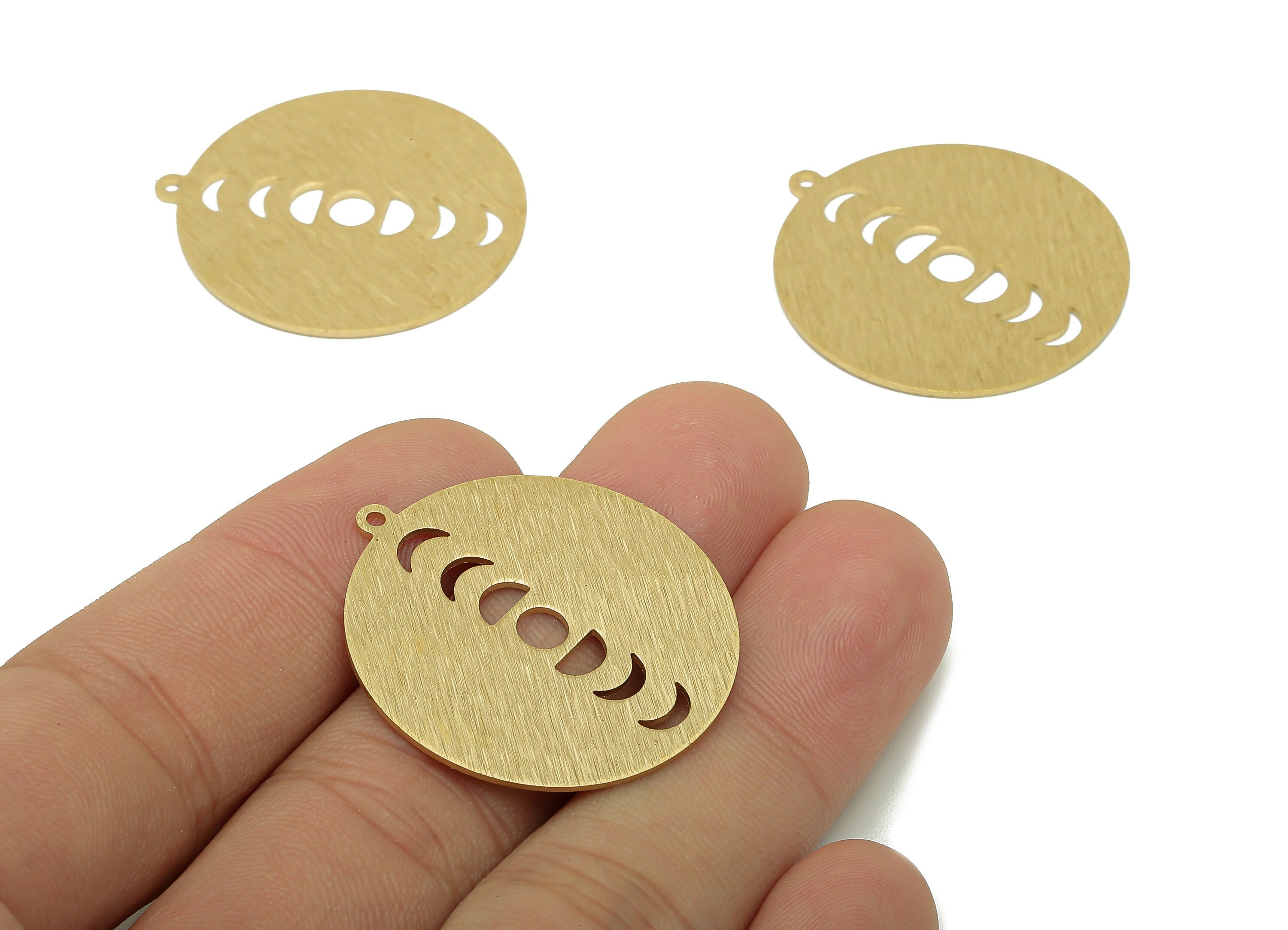 Brass Round Crescent Charm - Raw Brass Phases Of Moon Earring - Textured Circle Pendant With Loop - For Necklace - 32.5x30x0.8mm - PP8163-30 - DOMEDBAZAAR
