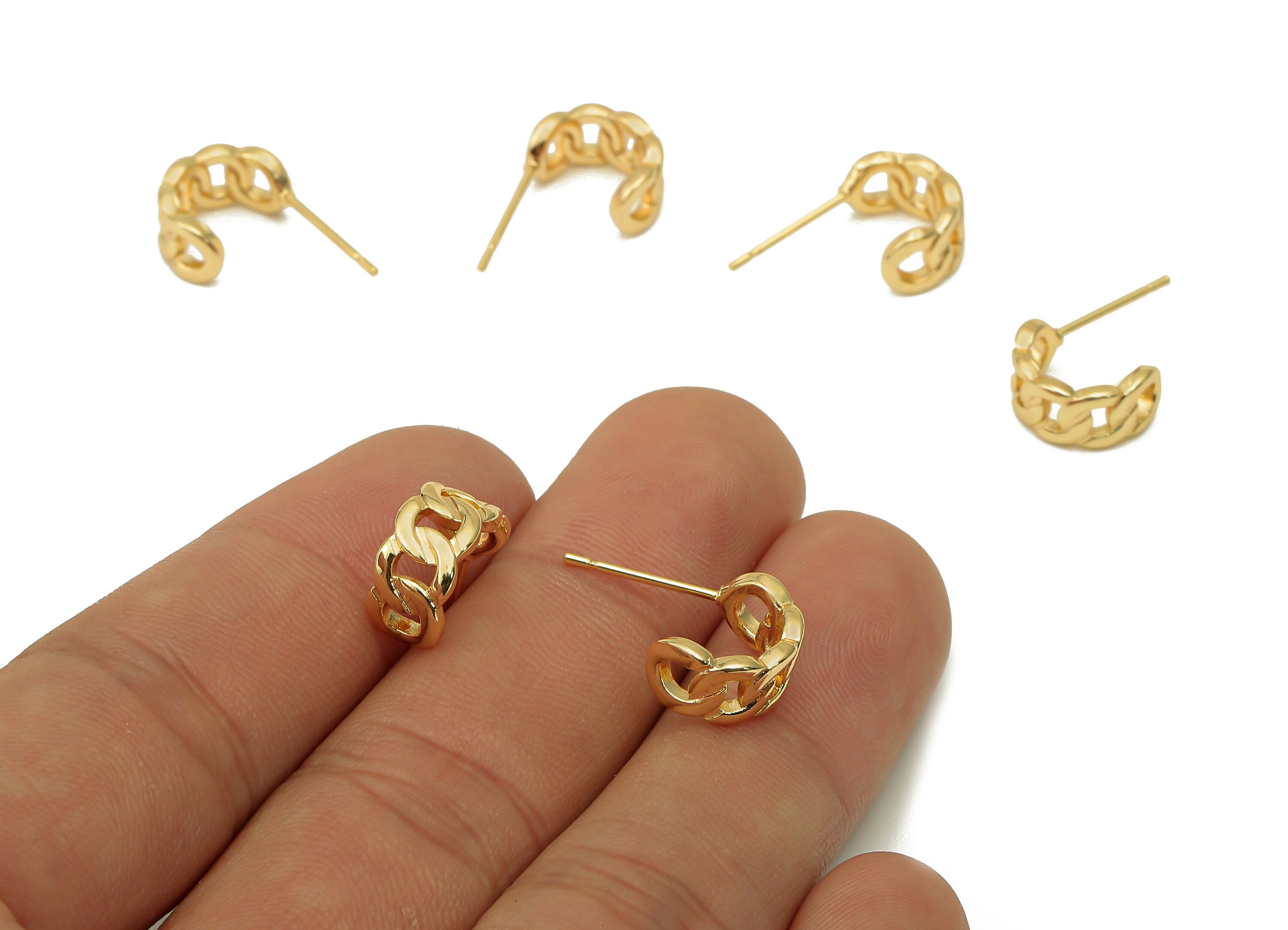 Brass Curb Chain Hoop Stud Earrings - Round C Earring Post - 316 Stainless Steel Stud - 18K Real Gold Plating - 19.4x11.4x1.8mm - RGP5610 - DOMEDBAZAAR
