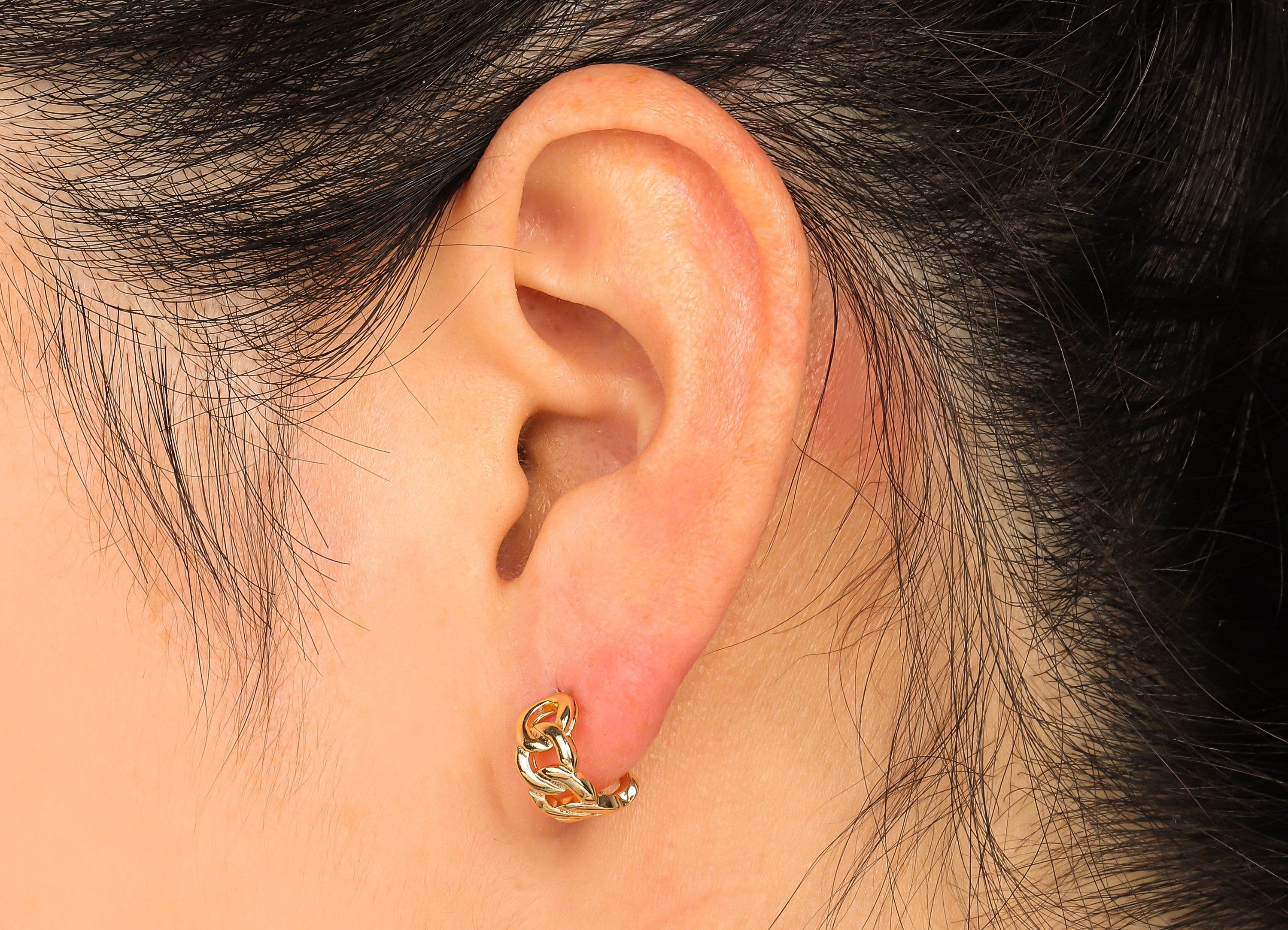 Brass Curb Chain Hoop Stud Earrings - Round C Earring Post - 316 Stainless Steel Stud - 18K Real Gold Plating - 19.4x11.4x1.8mm - RGP5610 - DOMEDBAZAAR