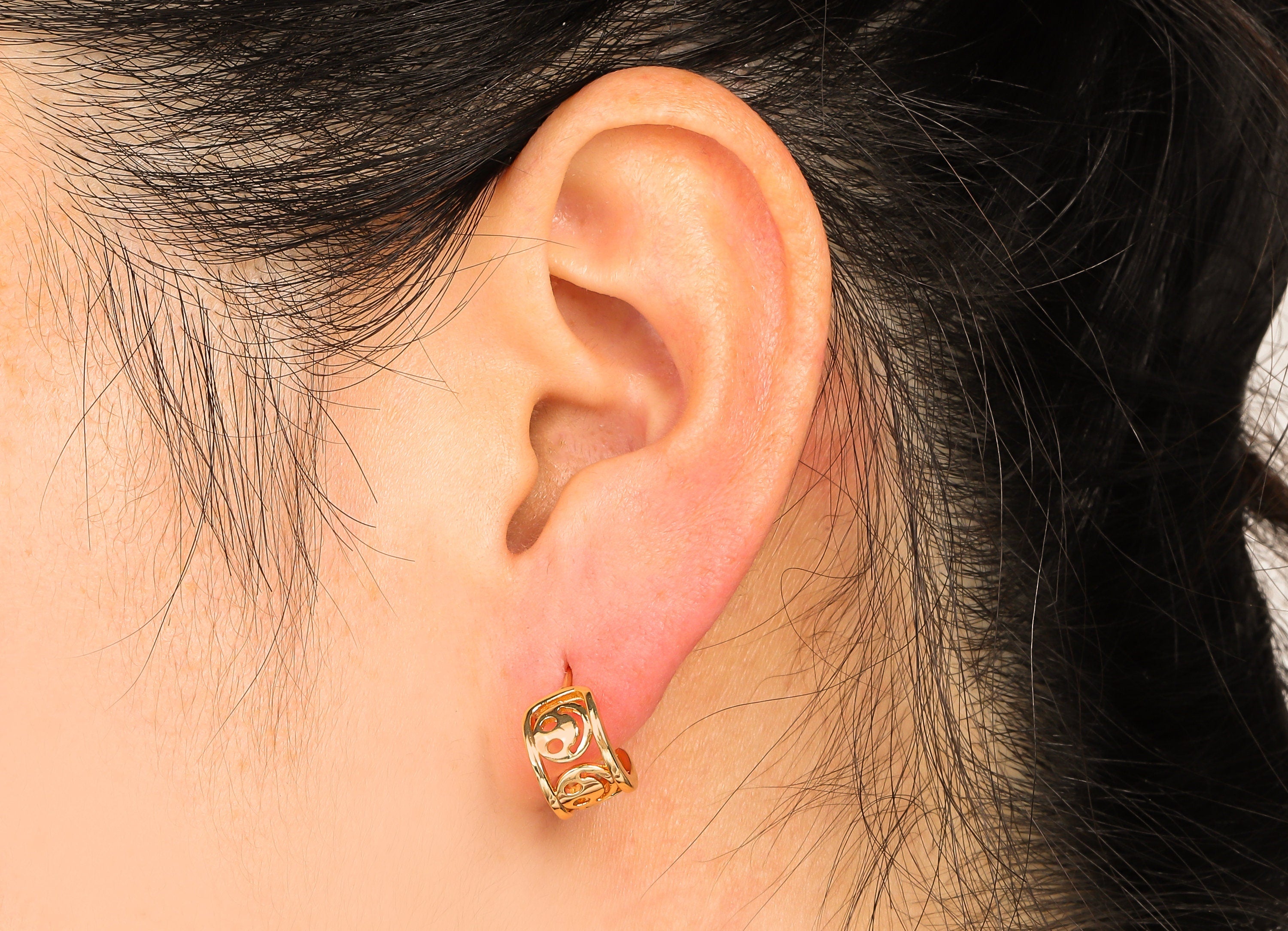 Brass Smile Huggie C Stud Earrings - Happy Face Earring Post - 316 Stainless Steel Stud - 18K Real Gold Plating - 18.71x11.0x1.6mm - RGP5611 - DOMEDBAZAAR