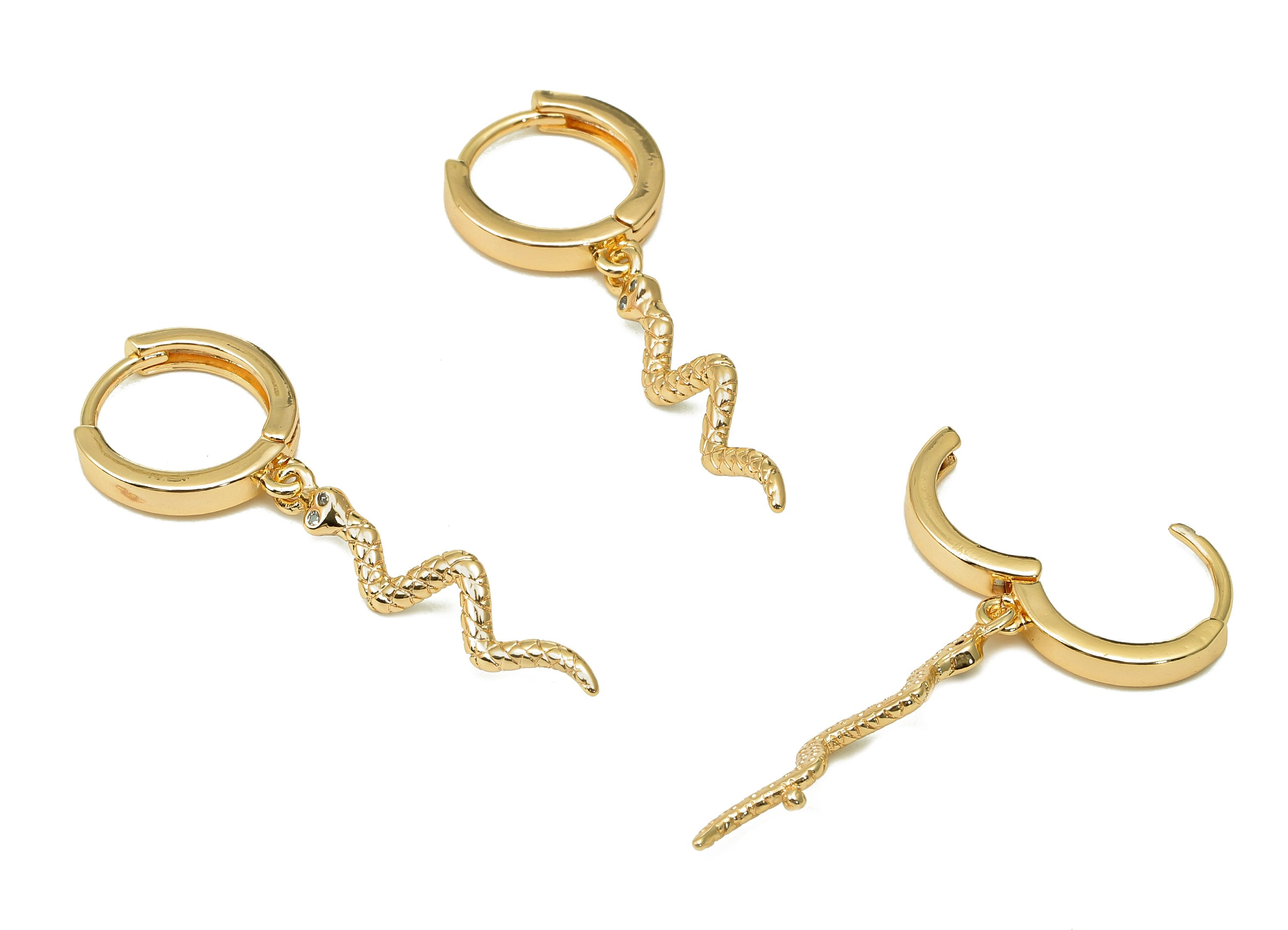 Brass Round Earring Clasps - Huggie Hoop With Dots Snake Pendant - Snake Earring Clasp - 18K Real Gold Plating - 39x13.5x2.36mm - RGP5478 - DOMEDBAZAAR