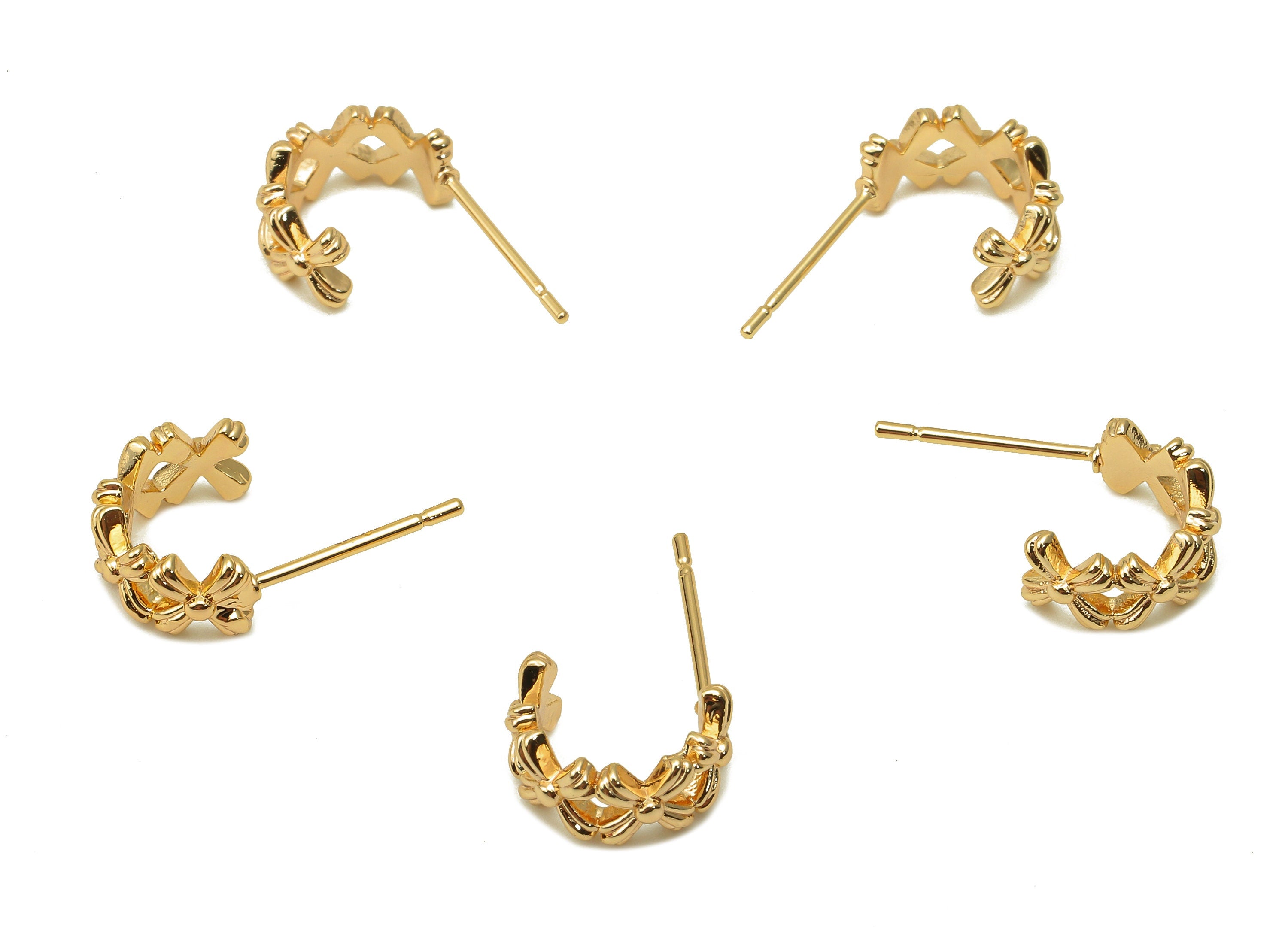 Brass Flower Open C Stud Earrings - Coronet Earring Post - 316 Stainless Steel Stud - 18K Real Gold Plating - 19.54x11.92x1.76mm - RGP5612 - DOMEDBAZAAR