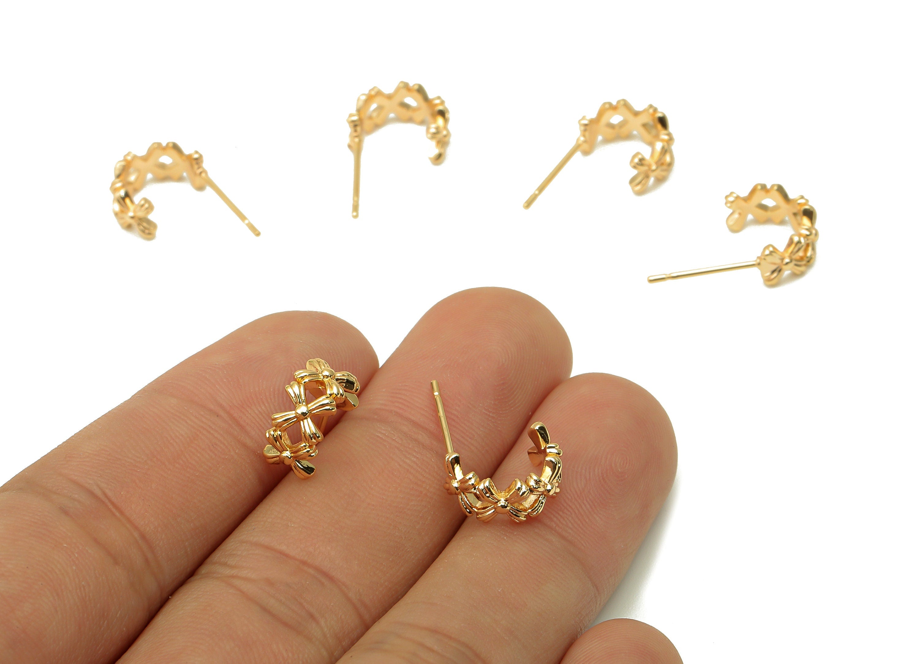 Brass Flower Open C Stud Earrings - Coronet Earring Post - 316 Stainless Steel Stud - 18K Real Gold Plating - 19.54x11.92x1.76mm - RGP5612 - DOMEDBAZAAR