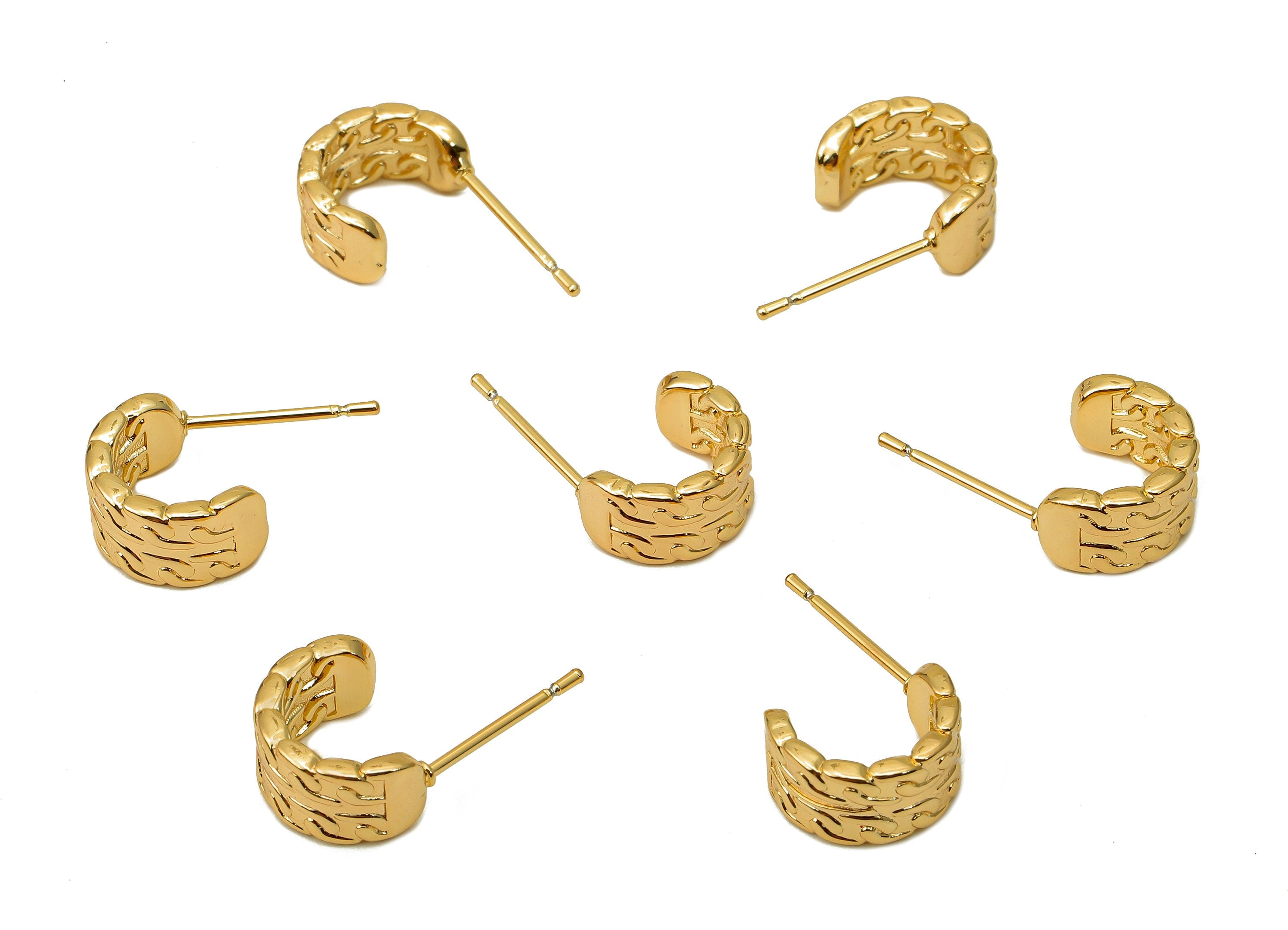 Brass Semicircle C Stud Earrings - Leaf Textured Earring Post - 316 Stainless Steel Stud - 18K Real Gold Plating - 19.9x11.2x1.5mm - RGP5613 - DOMEDBAZAAR
