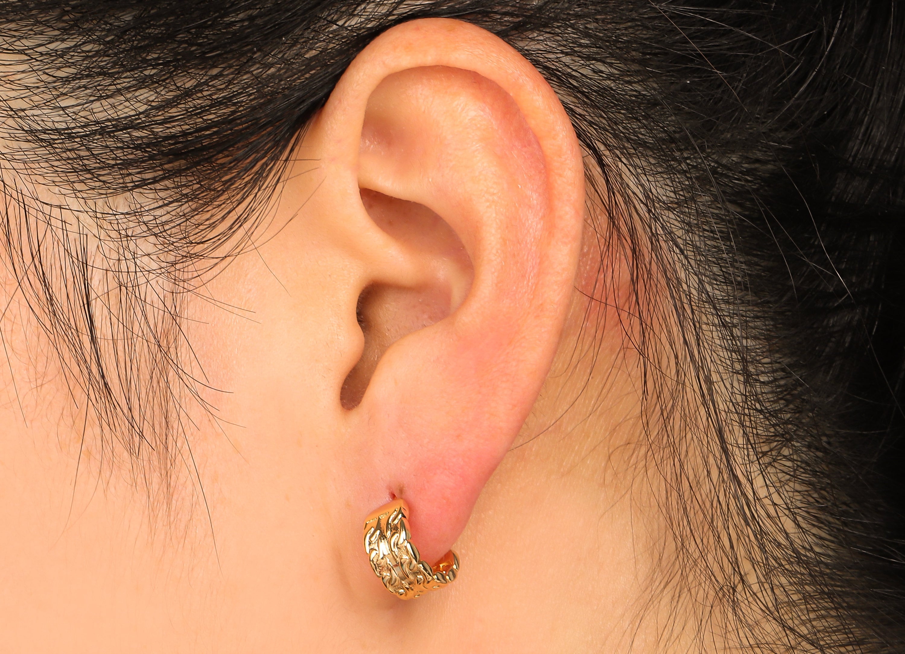 Brass Semicircle C Stud Earrings - Leaf Textured Earring Post - 316 Stainless Steel Stud - 18K Real Gold Plating - 19.9x11.2x1.5mm - RGP5613 - DOMEDBAZAAR